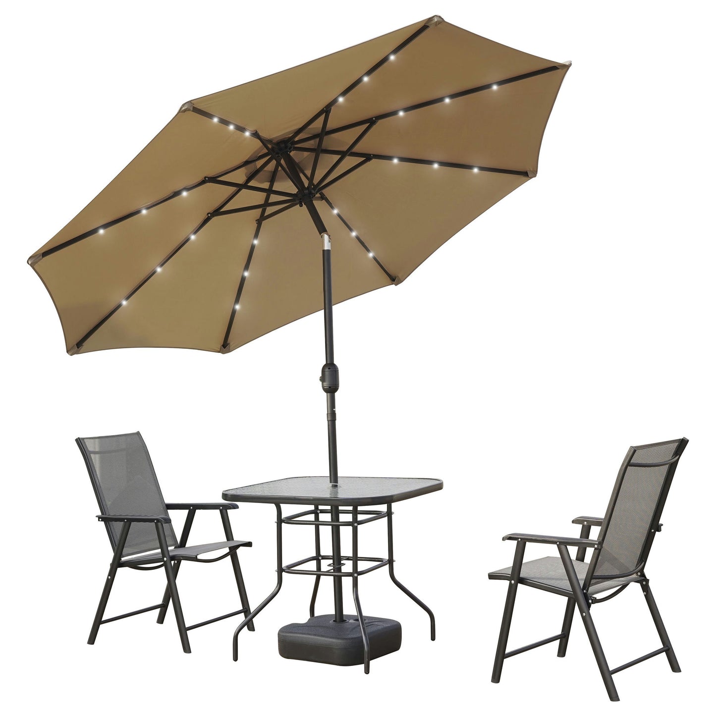 LeisureMod Sierra 9 ft Steel Market Umbrella With Solar Powerd LED - Beige