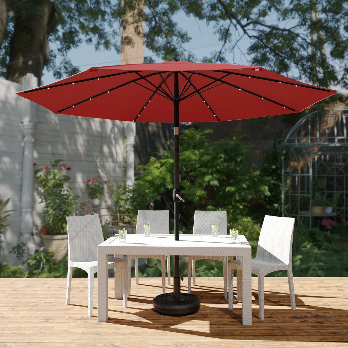 LeisureMod Sierra 9 ft Steel Market Umbrella With Solar Powerd LED & Tilt - Red