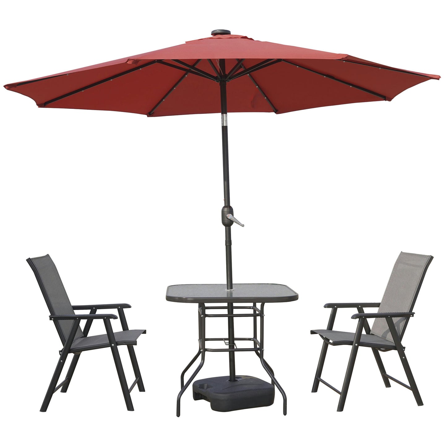 LeisureMod Sierra 9 ft Steel Market Umbrella With Solar Powerd LED & Tilt - Red