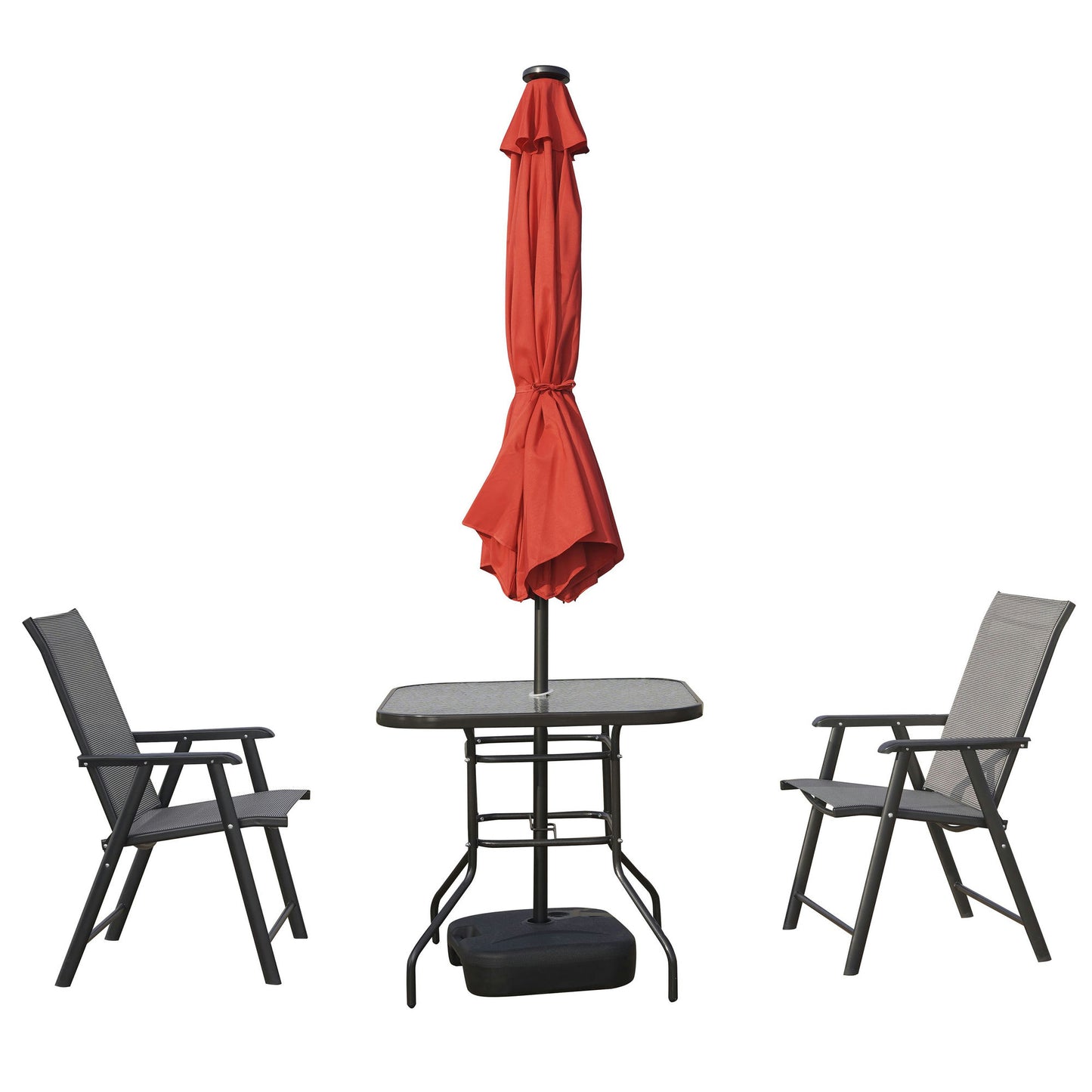 LeisureMod Sierra 9 ft Steel Market Umbrella With Solar Powerd LED & Tilt - Red