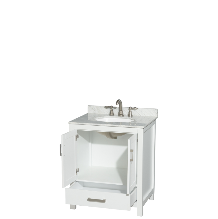 Sheffield 30 inch Single Bathroom Vanity in White, White Carrara Marble Countertop, Undermount Square Sink, and No Mirror