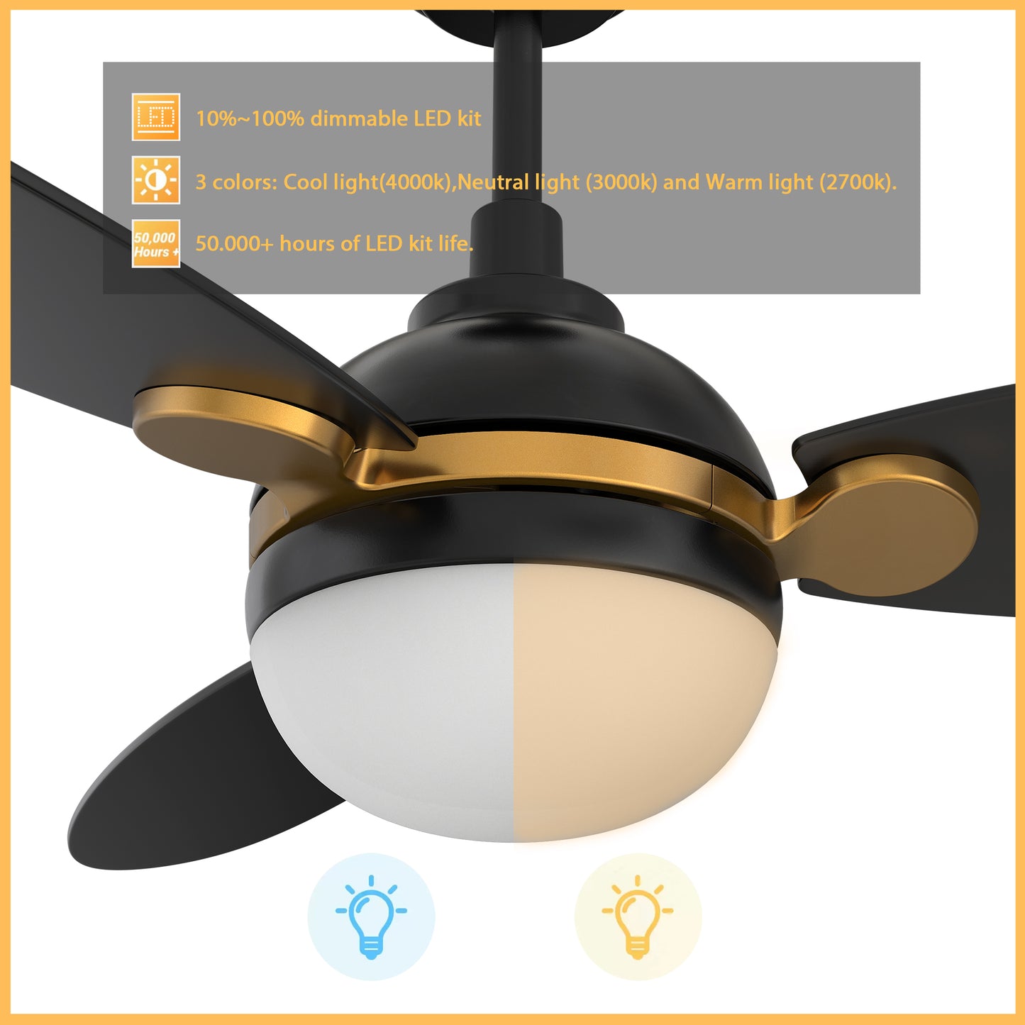 Pearla 52 Inch 3-Blade Smart Ceiling Fan - Black