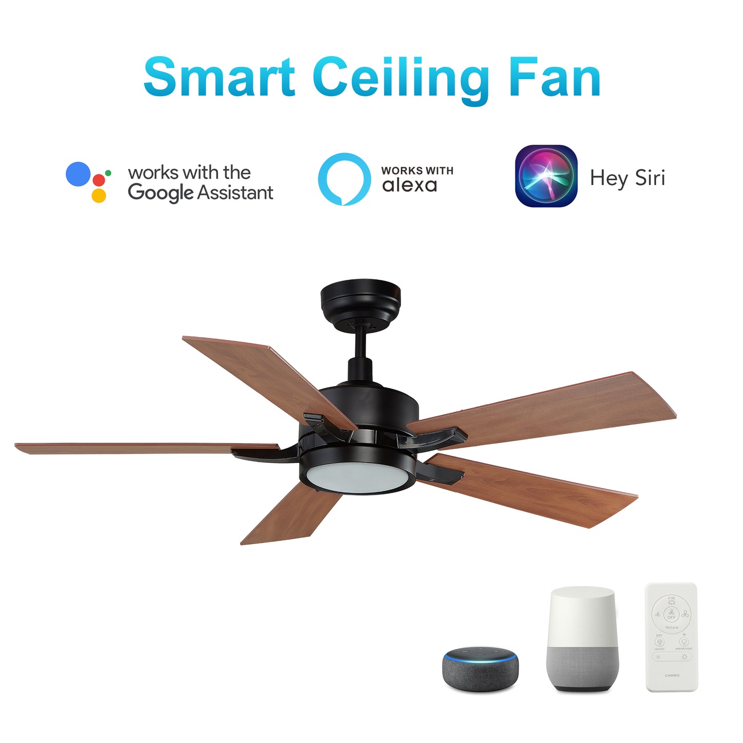 Appleton 52 Inch 5-Blade Smart Ceiling Fan - Black/Wood Grain Pattern