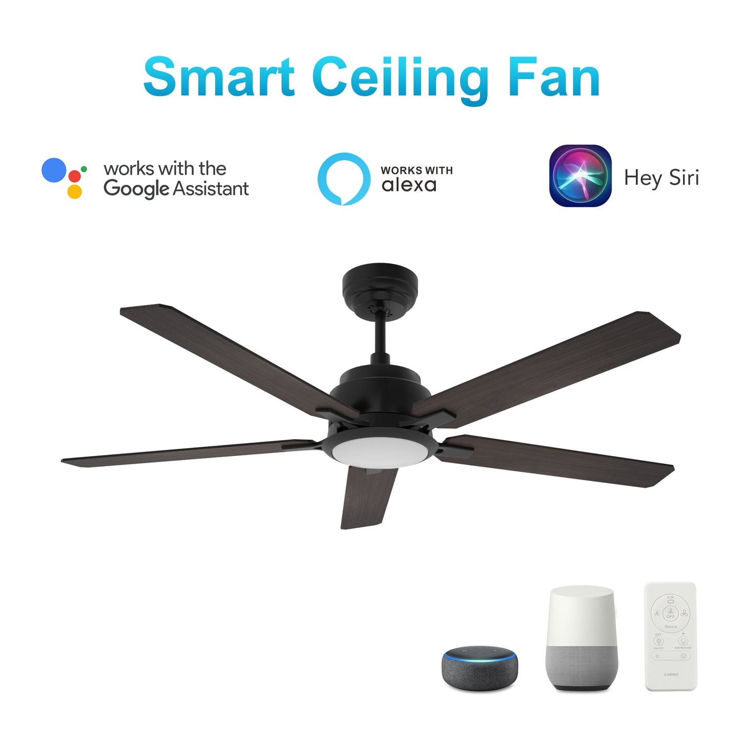 Espear 52 Inch 5-Blade Smart Ceiling Fan - Black/Walnut Wood