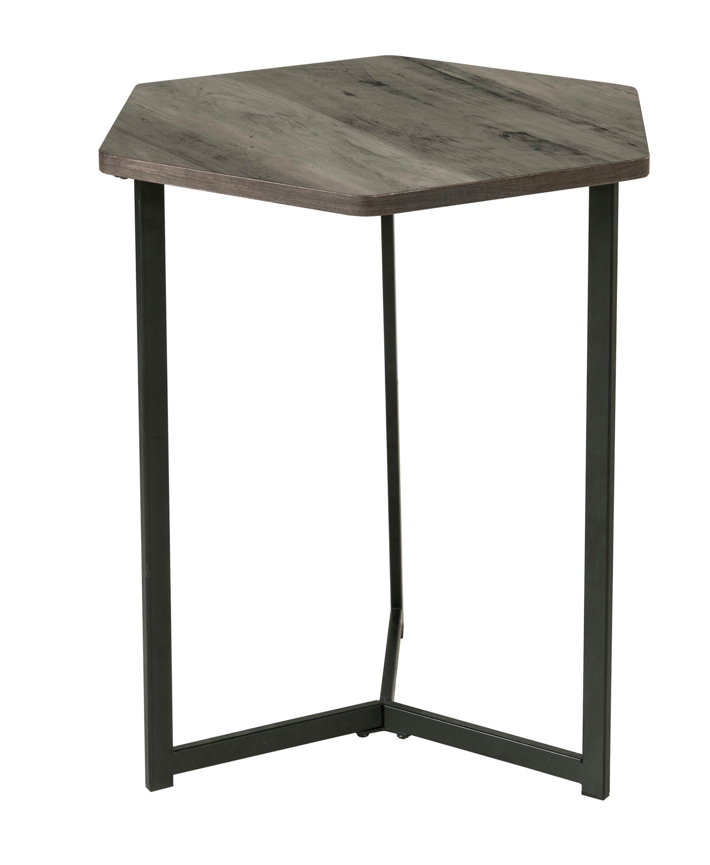 Weathered Pine Finish Top Hexigon Side Table With Metal Base