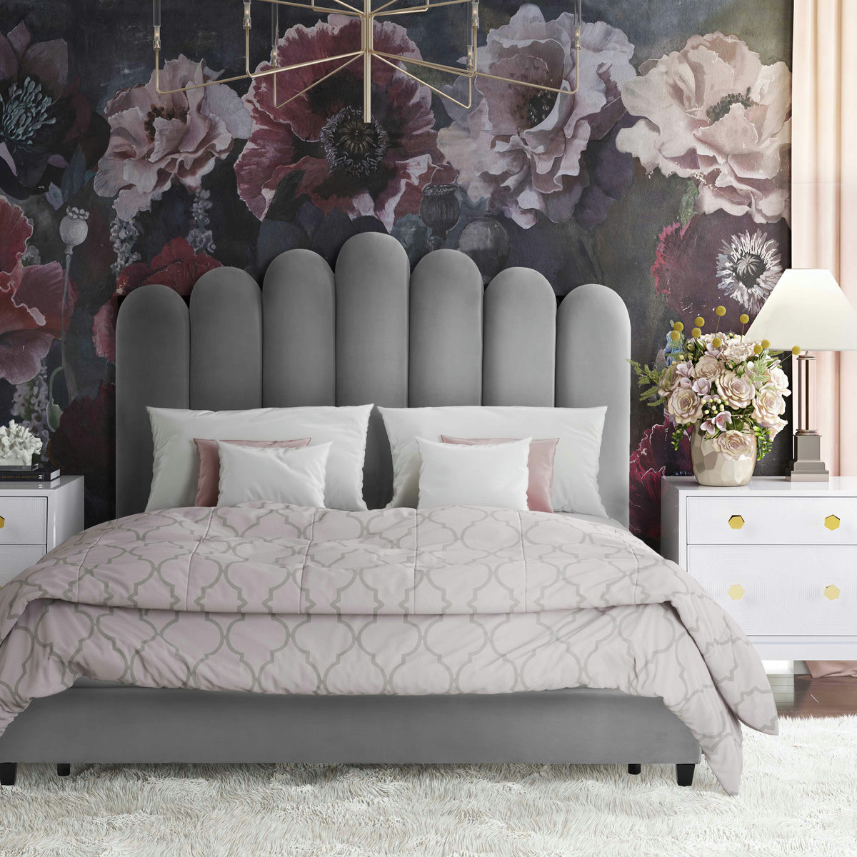 TOV Furniture Celine Grey Velvet Bed in Queen