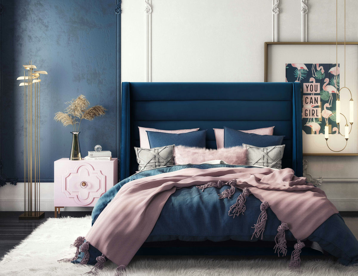 TOV Furniture Koah Navy Velvet Bed in Queen
