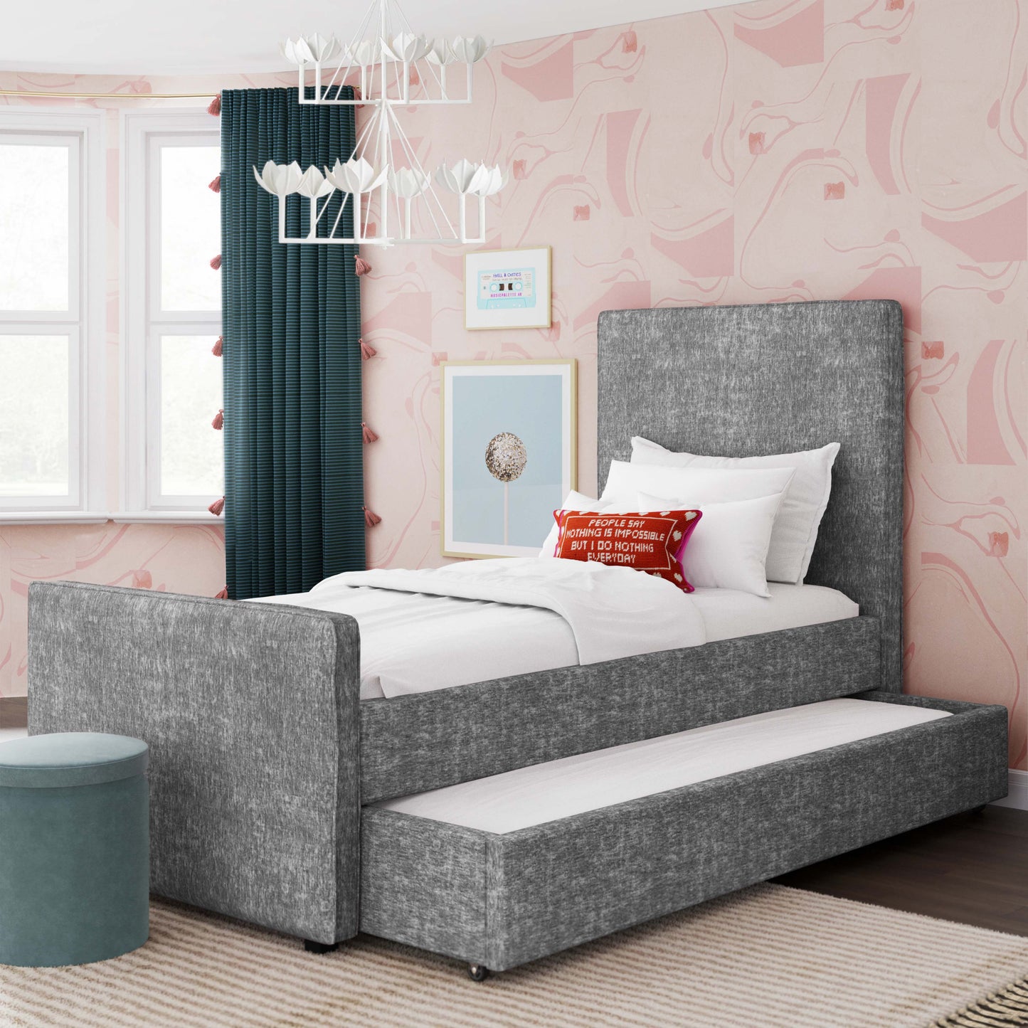 TOV Furniture Delilah Grey Textured Velvet Trundle in Twin
