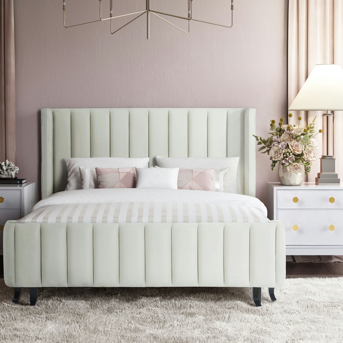 TOV Furniture Waverly Cream Velvet Bed in Queen