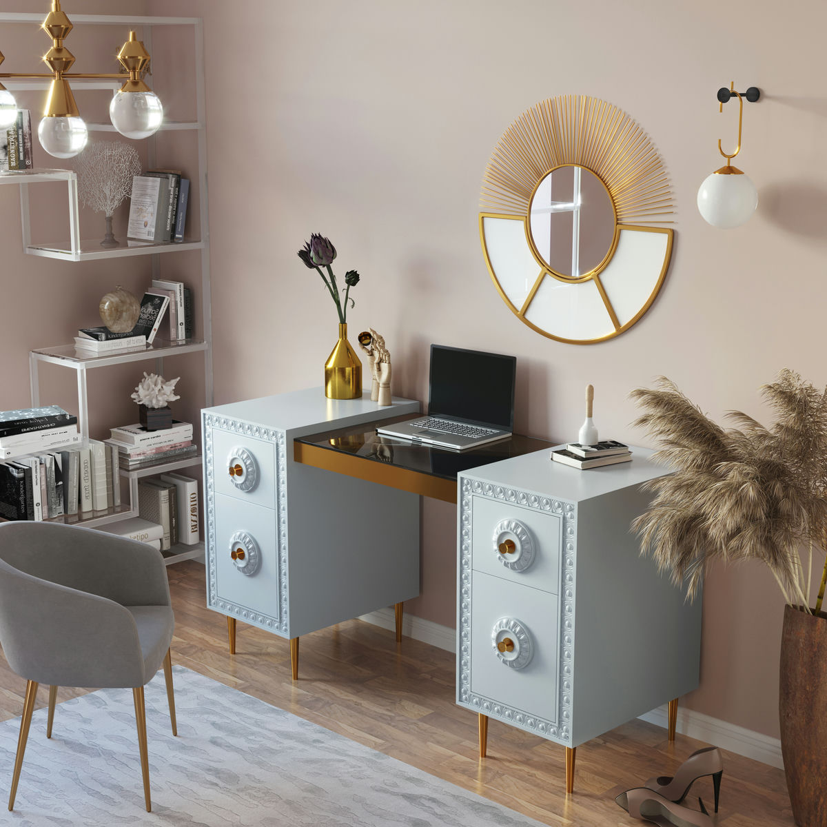 TOV Furniture Bovey Light Grey Lacquer Desk
