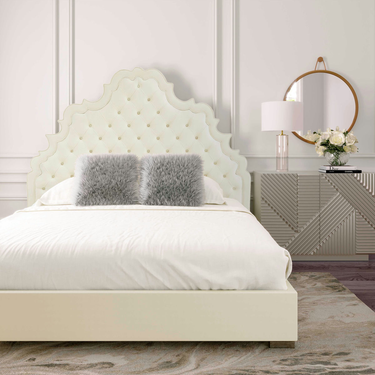TOV Furniture Carolina Cream Velvet Bed in Queen