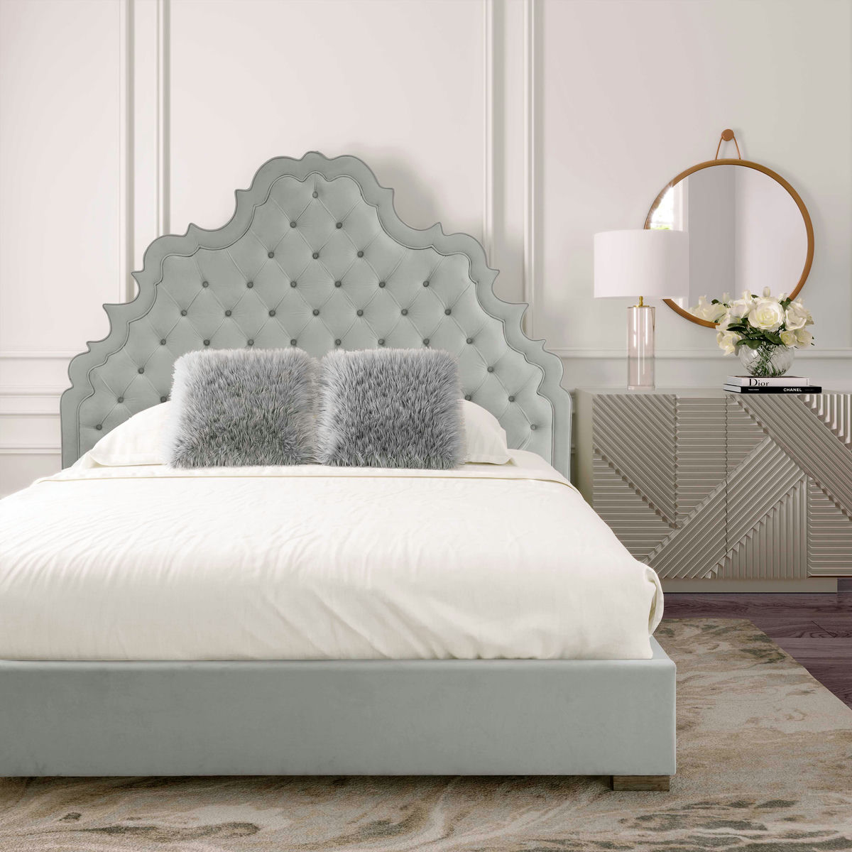 TOV Furniture Carolina Grey Velvet Bed in Queen