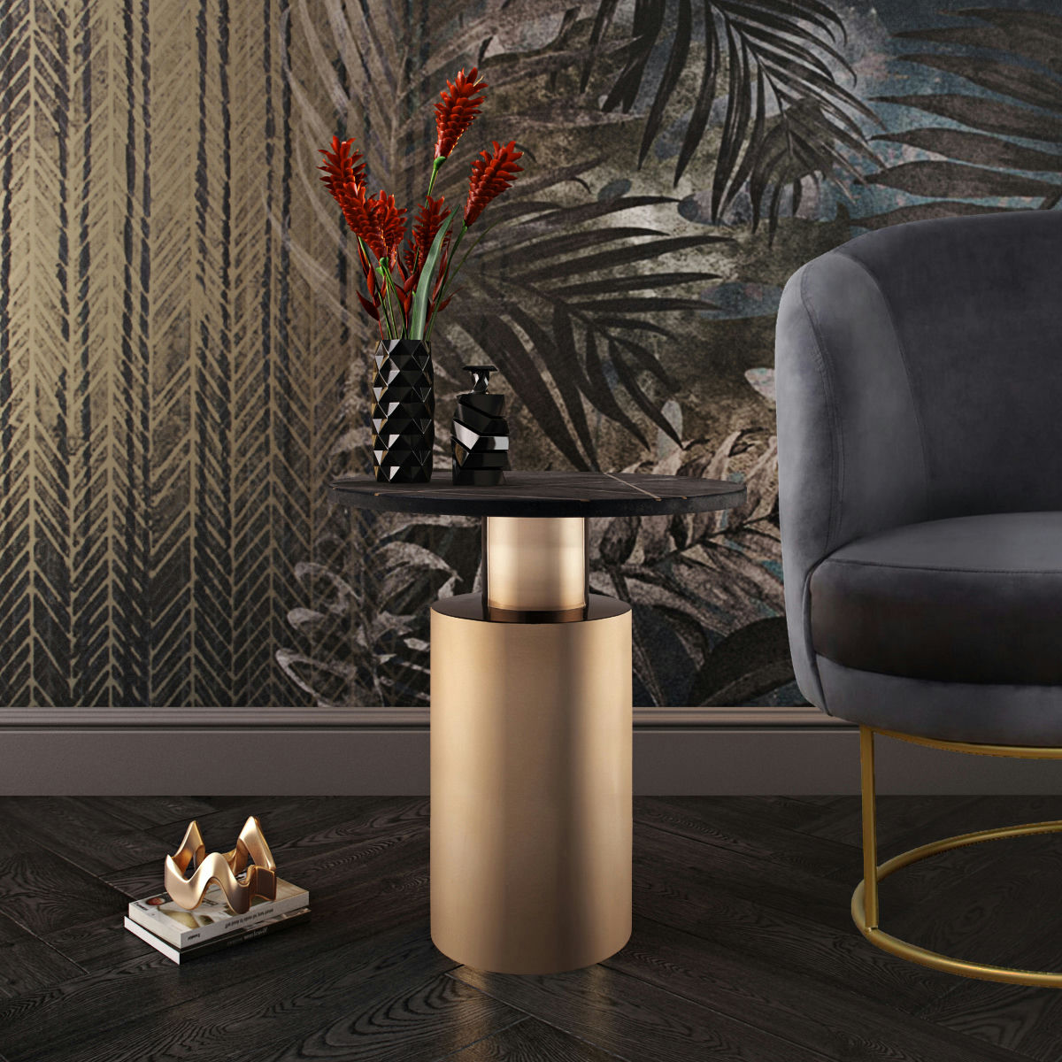 TOV Furniture Terzo Black Marble Side Table