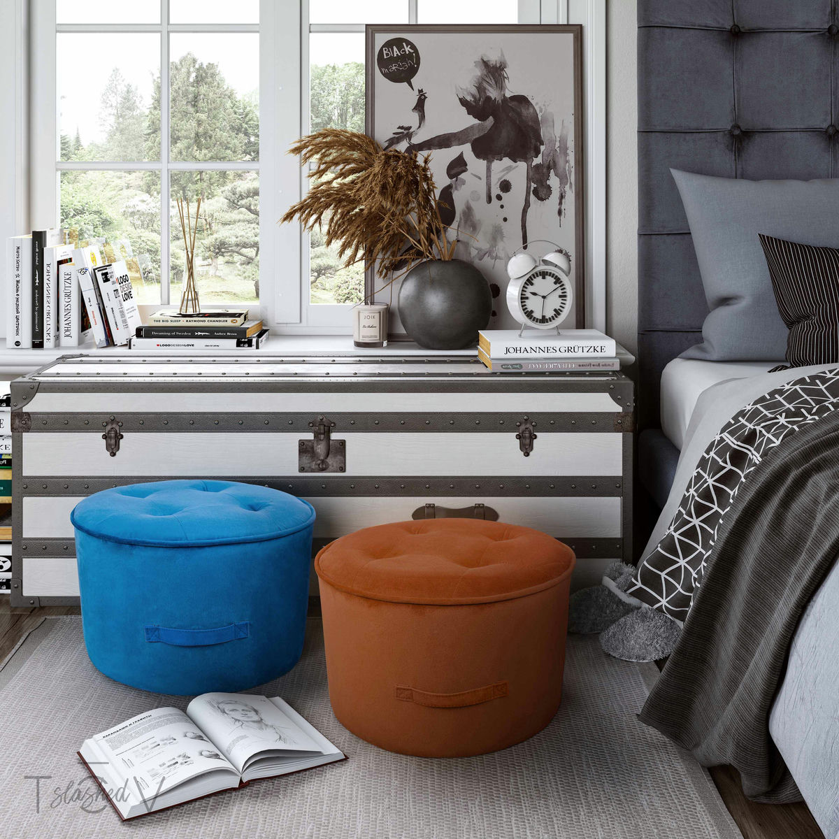 TOV Furniture Luna Navy Velvet Ottoman