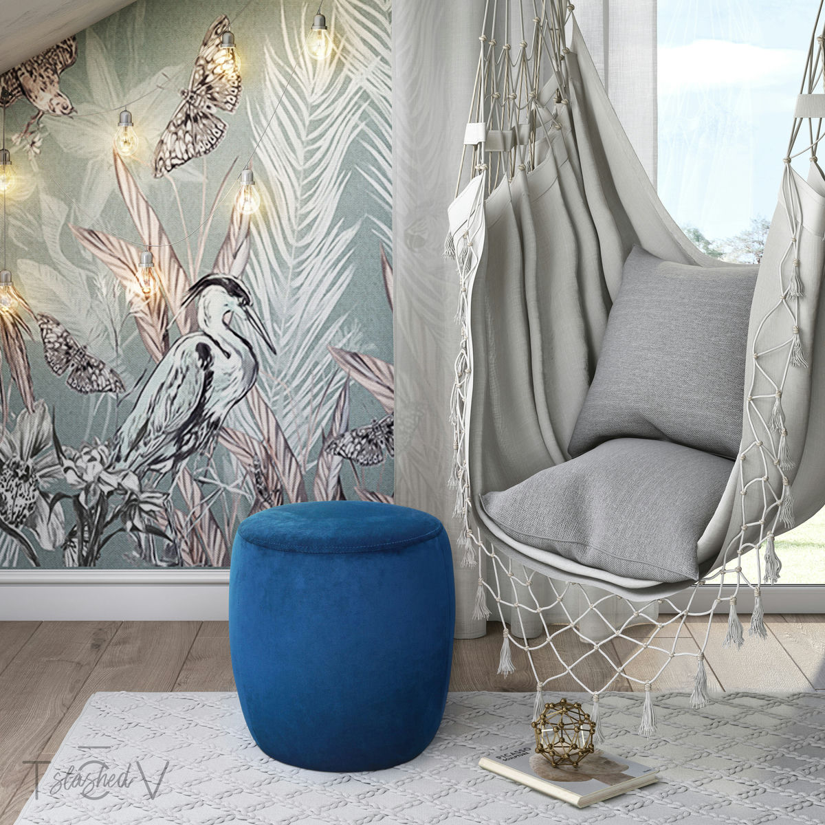 TOV Furniture Willow Navy Velvet Ottoman