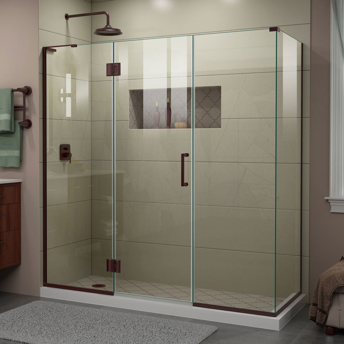 Unidoor-X 70 1/2 in. W x 34 3/8 in. D x 72 in. H Frameless Hinged Shower Enclosure in Oil Rubbed Bronze