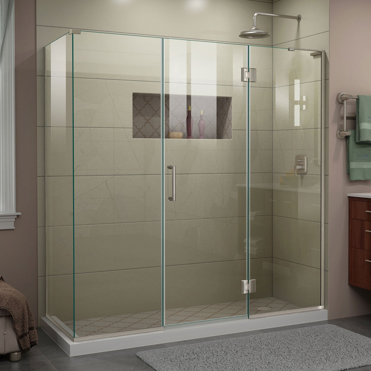 Unidoor-X 69 1/2 in. W x 34 3/8 in. D x 72 in. H Frameless Hinged Shower Enclosure in Brushed Nickel
