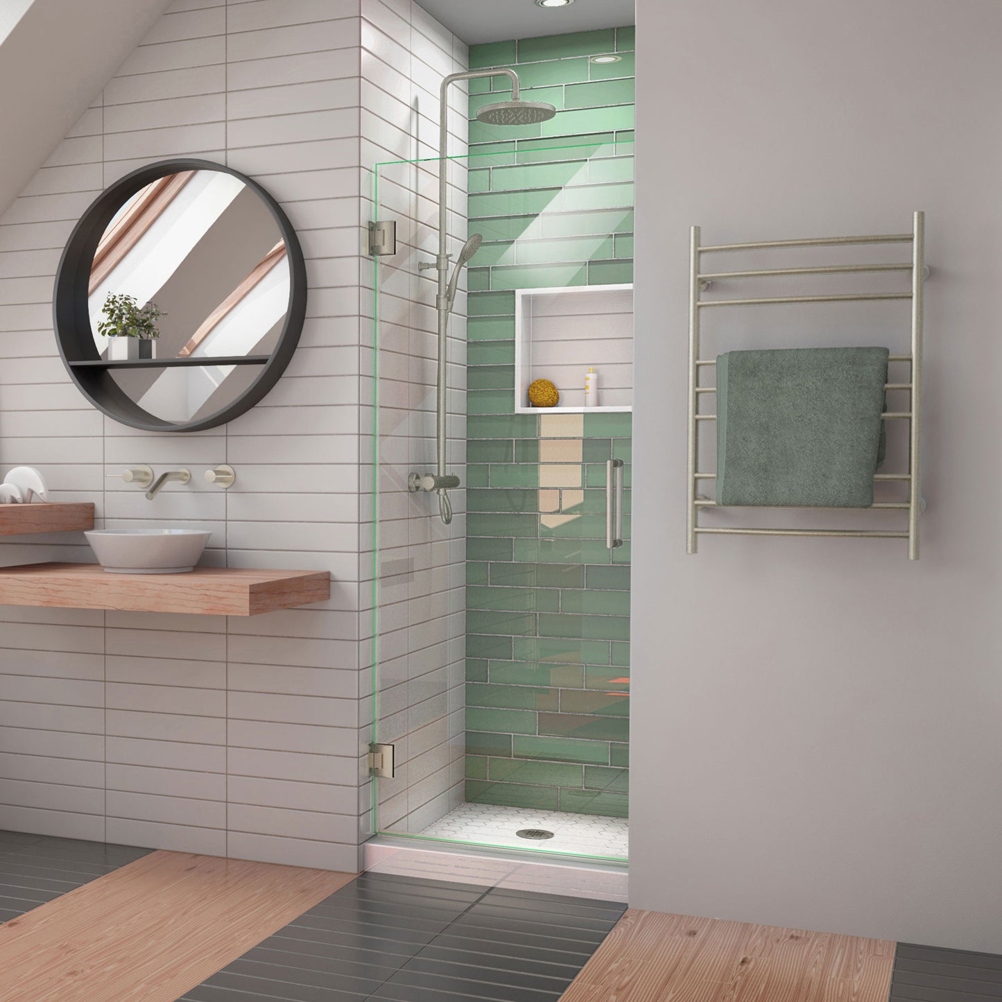 Unidoor-LS 24 in. W x 72 in. H Frameless Hinged Shower Door in Brushed Nickel