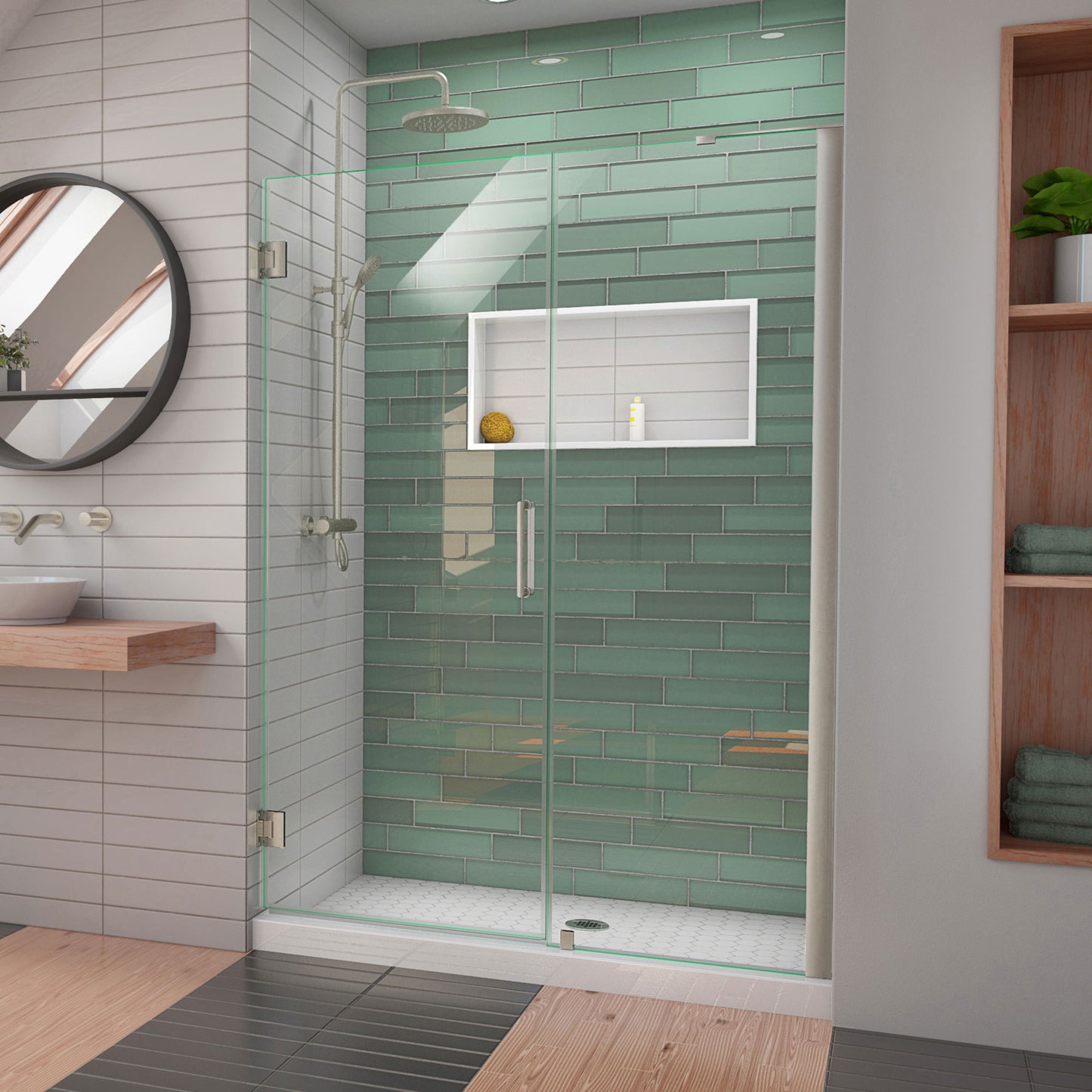 Unidoor-LS 47-48 in. W x 72 in. H Frameless Hinged Shower Door in Brushed Nickel