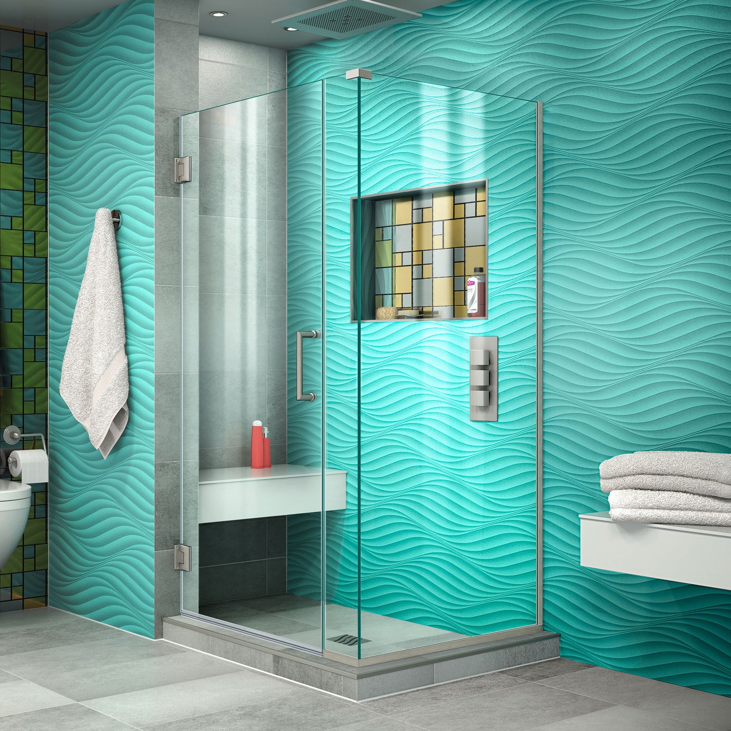 Unidoor Plus 29 1/2 in. W x 34 3/8 in. D x 72 in. H Frameless Hinged Shower Enclosure in Brushed Nickel