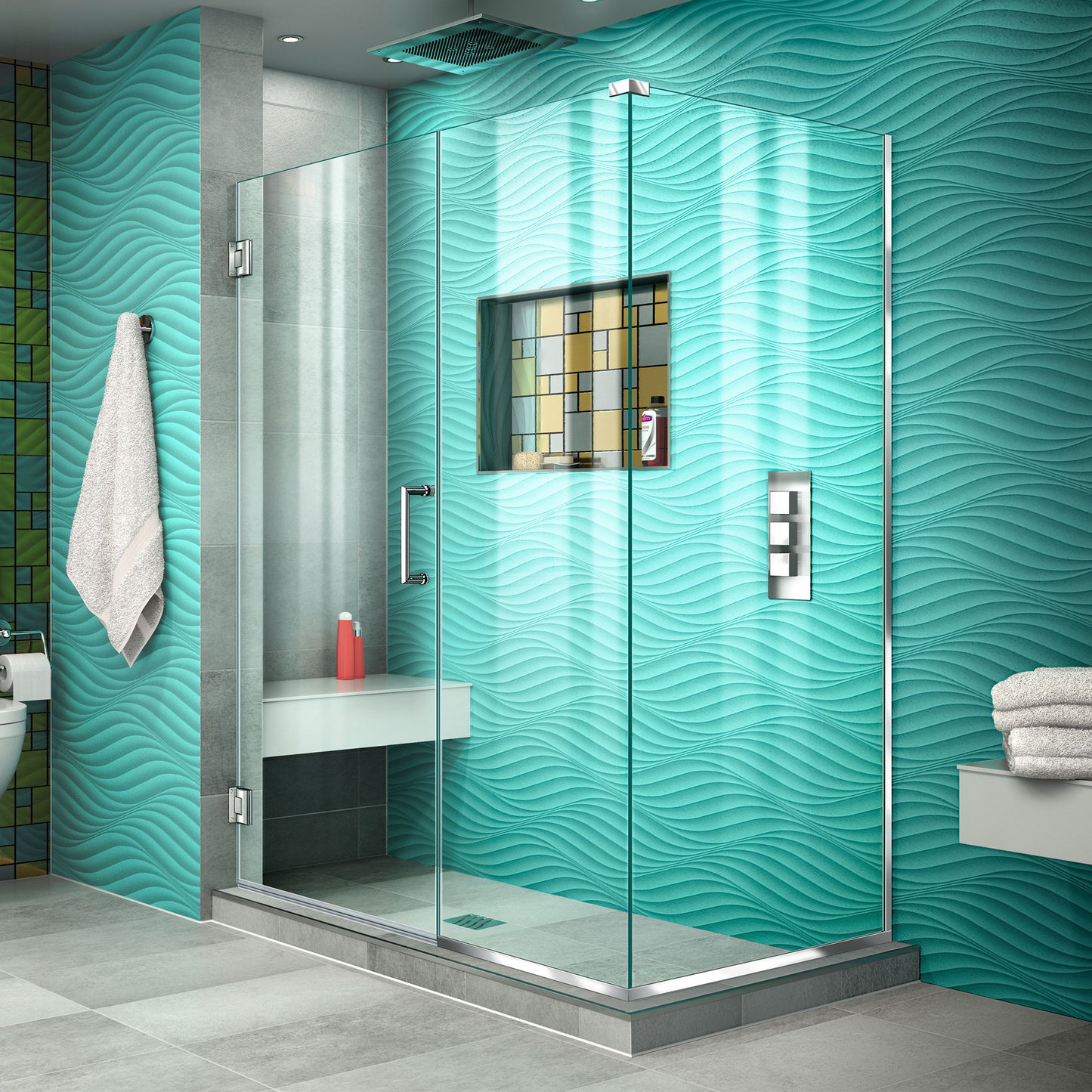 Unidoor Plus 50 1/2 in. W x 30 3/8 in. D x 72 in. H Frameless Hinged Shower Enclosure in Chrome