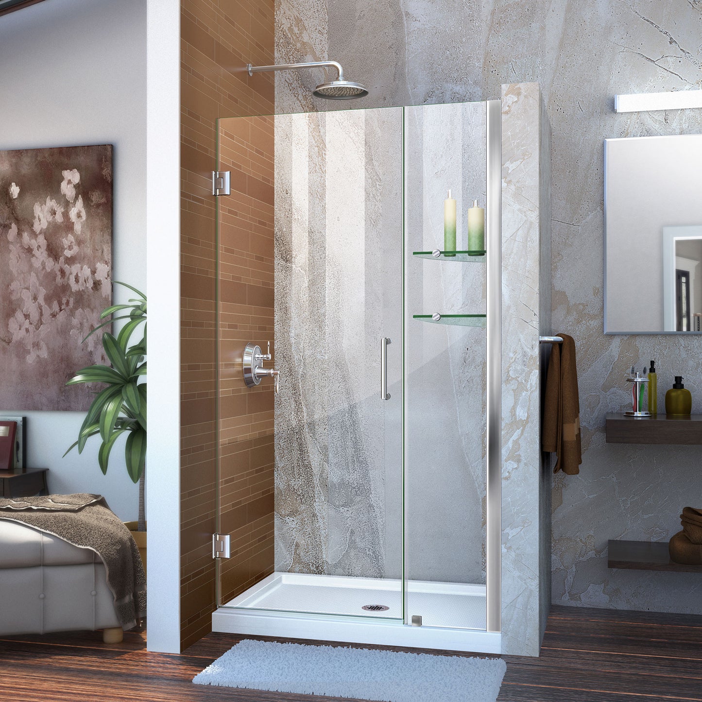 Unidoor 41-42 in. W x 72 in. H Frameless Hinged Shower Door with Shelves in Chrome