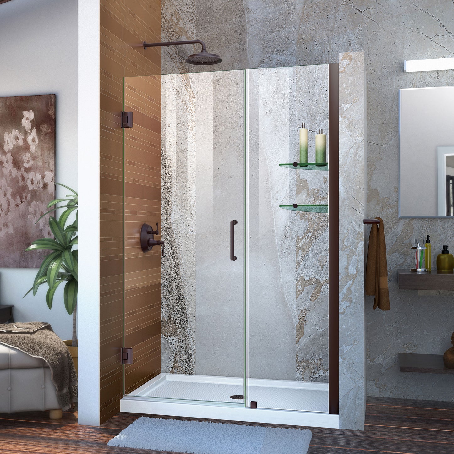 Unidoor 44-45 in. W x 72 in. H Frameless Hinged Shower Door with Shelves in Oil Rubbed Bronze