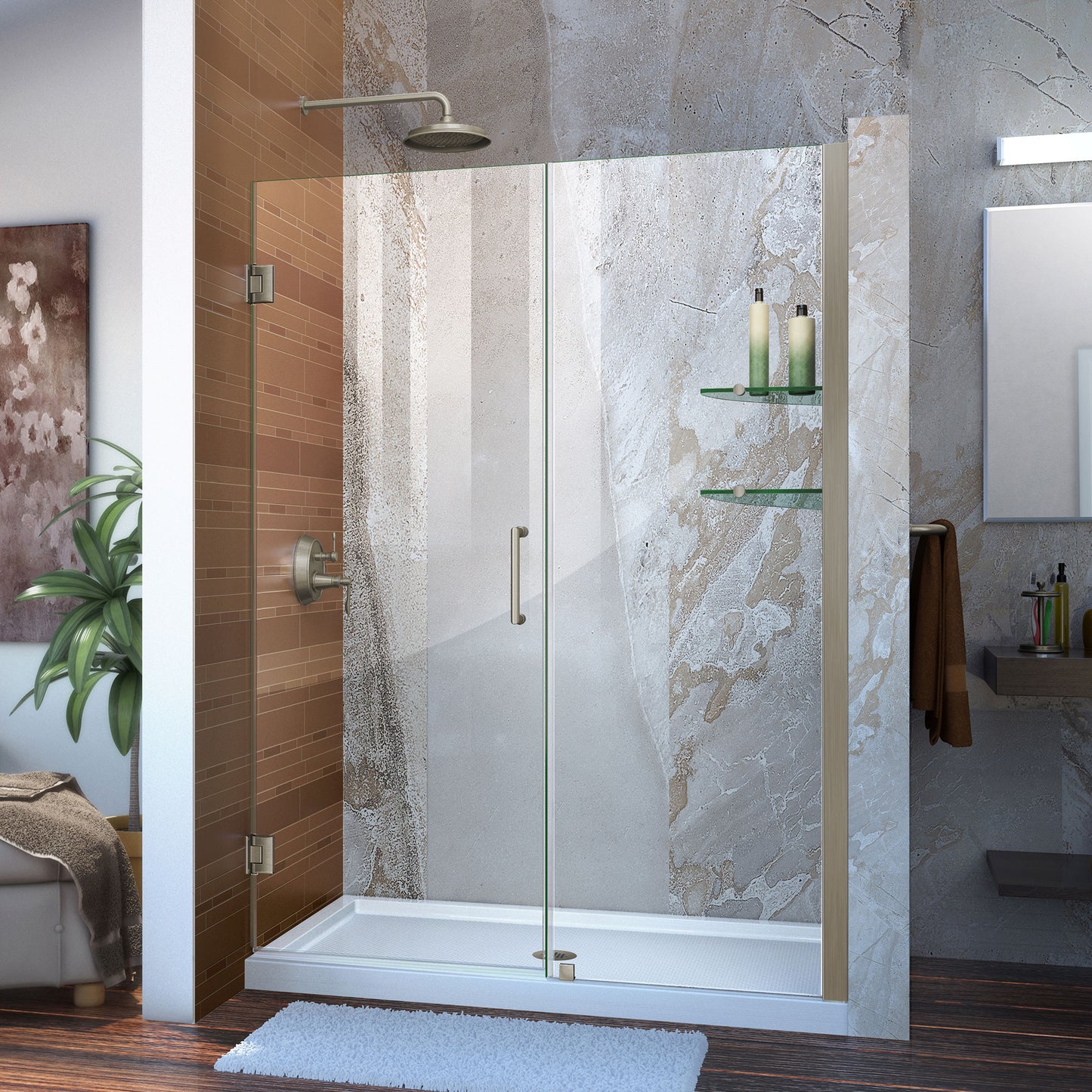 Unidoor 49-50 in. W x 72 in. H Frameless Hinged Shower Door with Shelves in Brushed Nickel