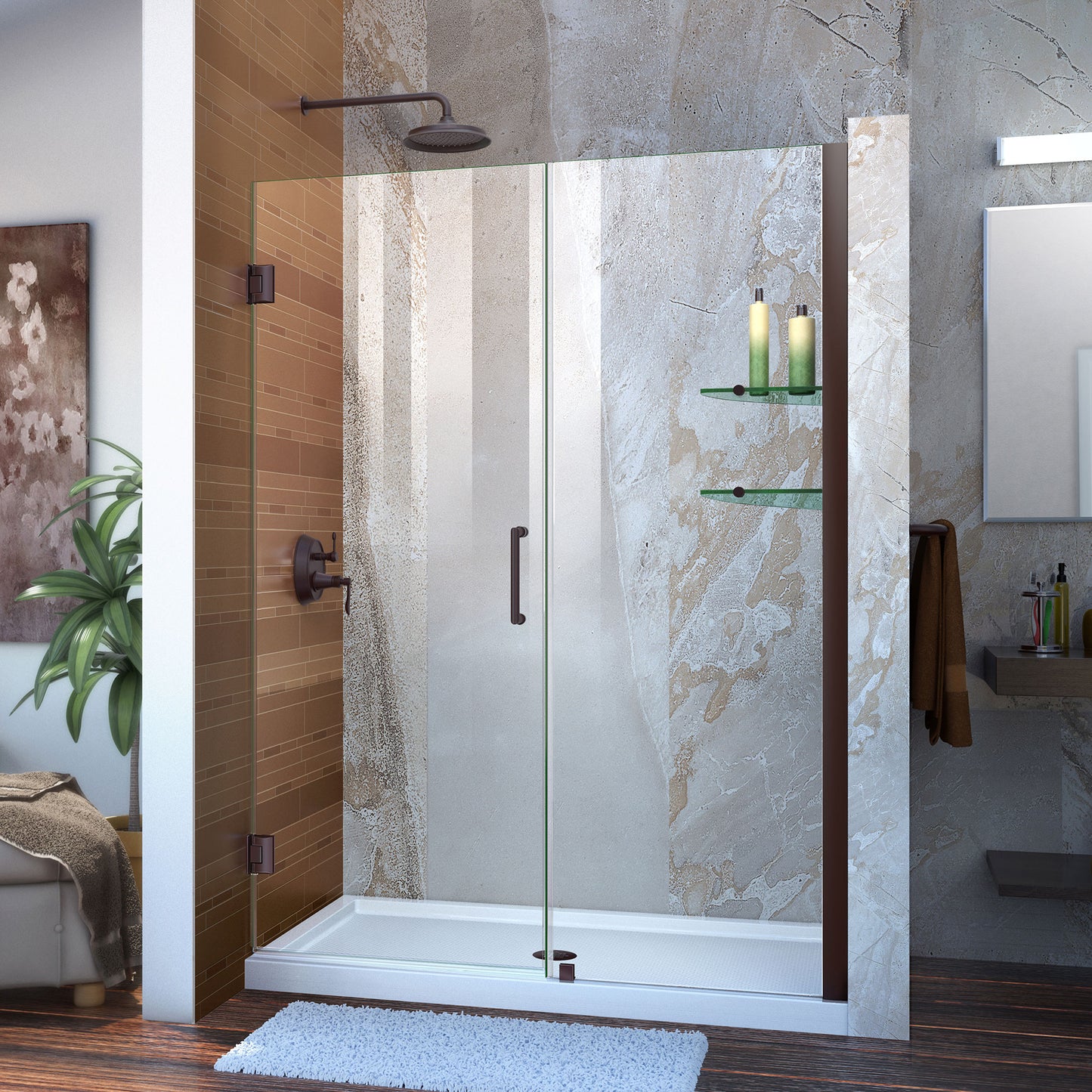 Unidoor 48-49 in. W x 72 in. H Frameless Hinged Shower Door with Shelves in Oil Rubbed Bronze