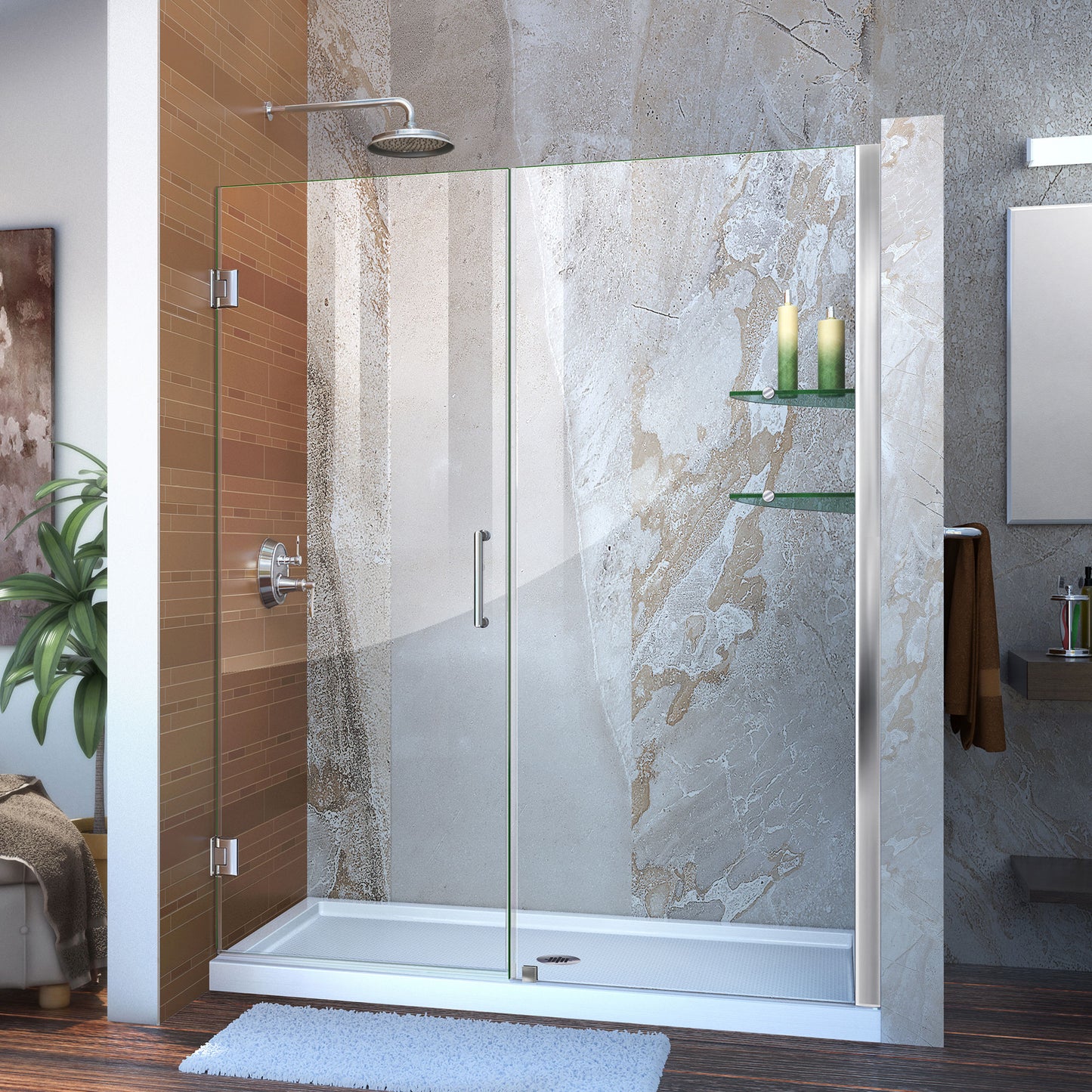 Unidoor 58-59 in. W x 72 in. H Frameless Hinged Shower Door with Shelves in Chrome