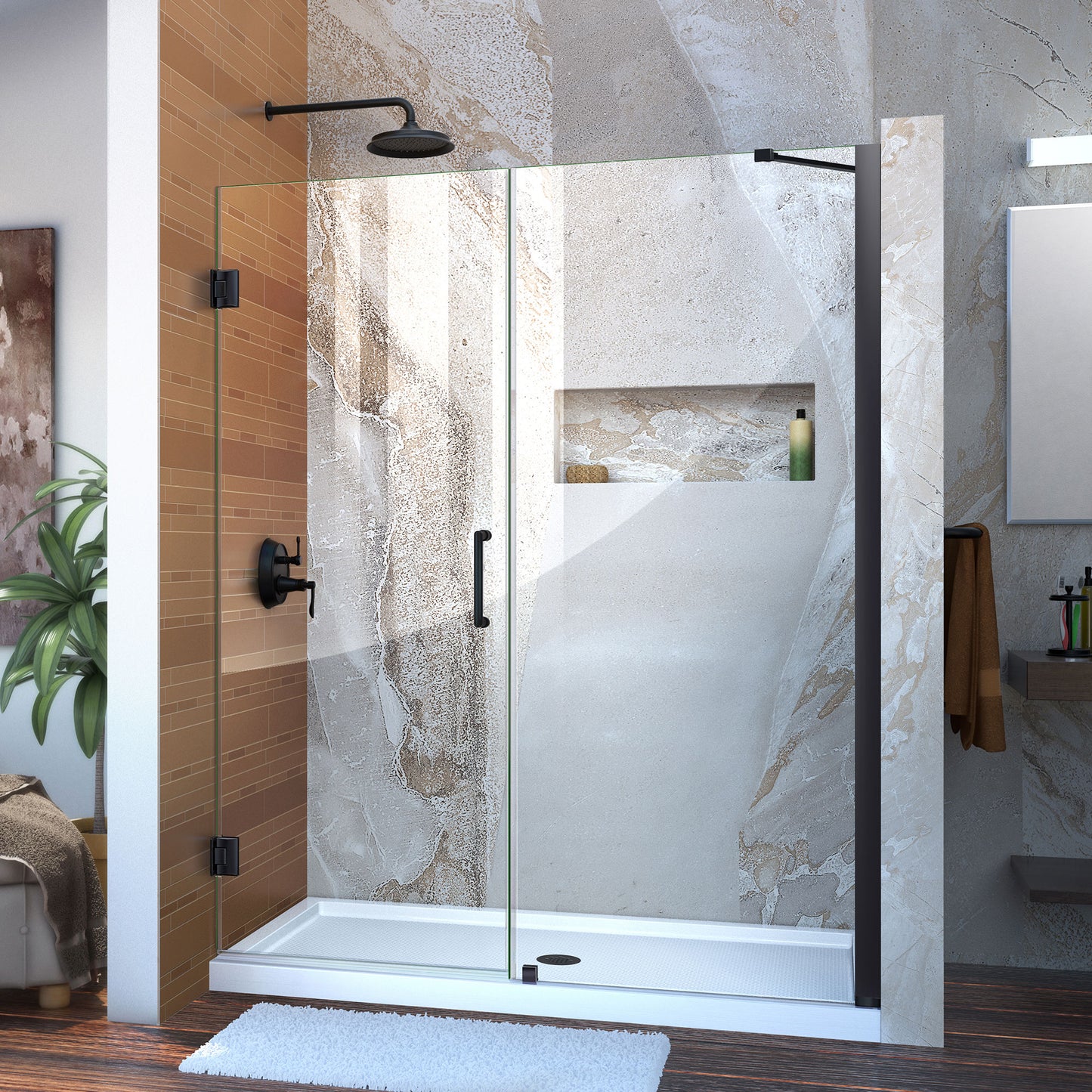 Unidoor 55-56 in. W x 72 in. H Frameless Hinged Shower Door with Support Arm in Satin Black
