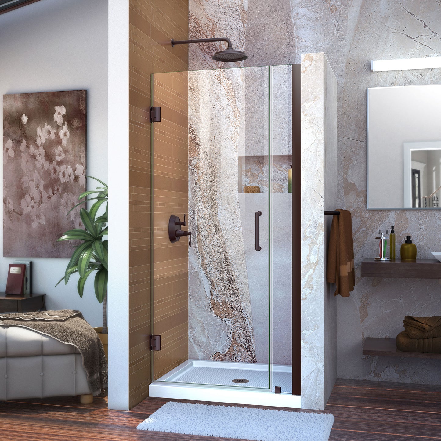 Unidoor 29-30 in. W x 72 in. H Frameless Hinged Shower Door in Oil Rubbed Bronze