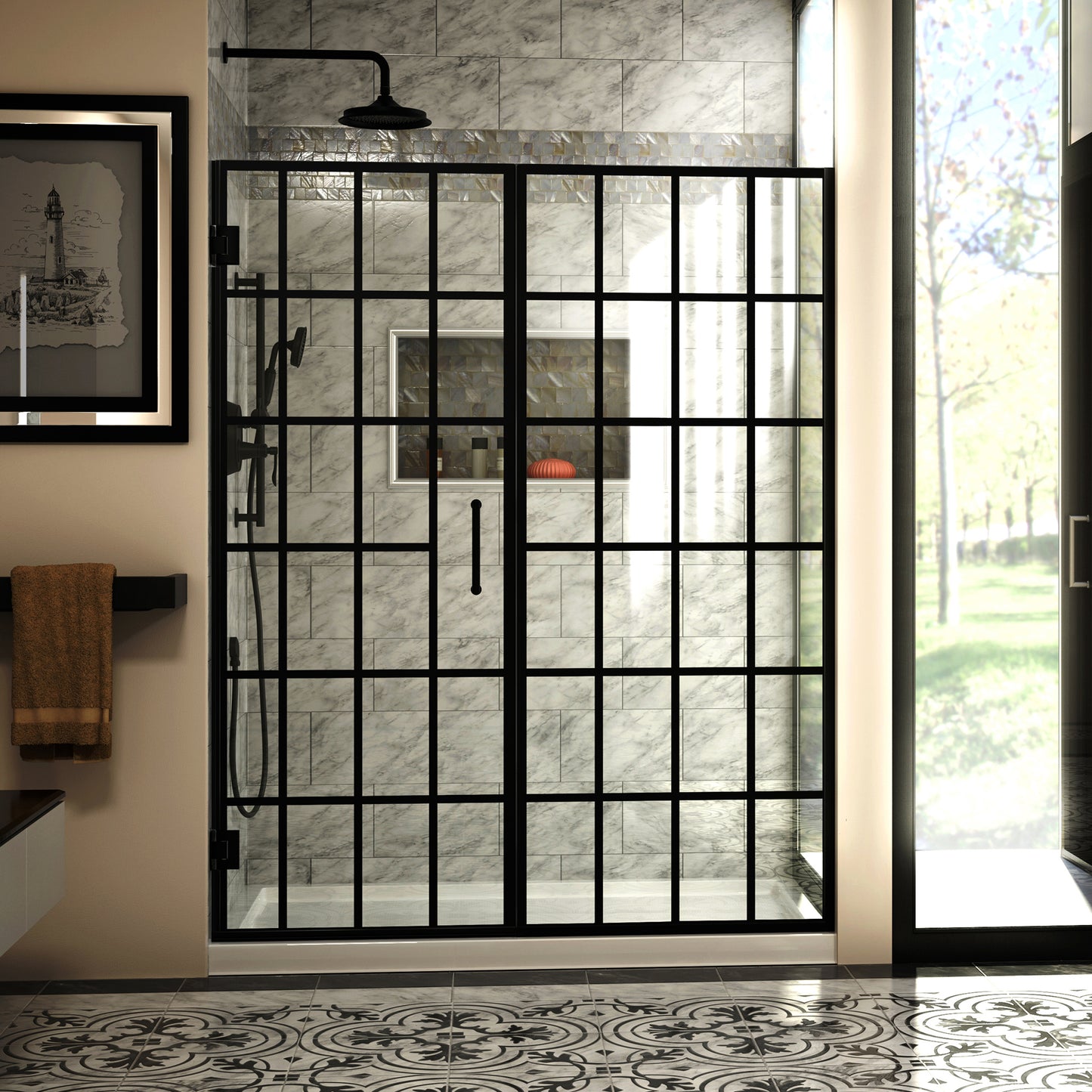 Unidoor Toulon 58-58 1/2 in. W x 72 in. H Frameless Hinged Shower Door in Satin Black