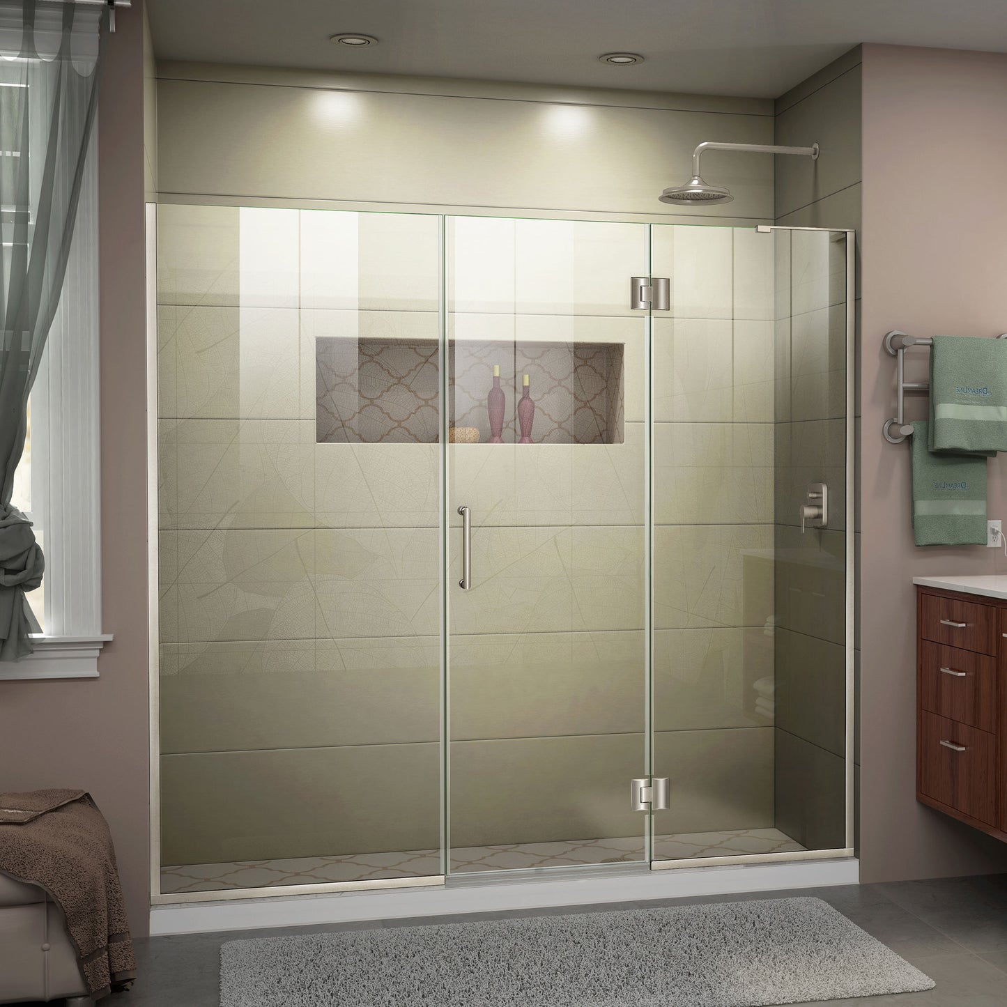 Unidoor-X 65 1/2-66 in. W x 72 in. H Frameless Hinged Shower Door in Brushed Nickel