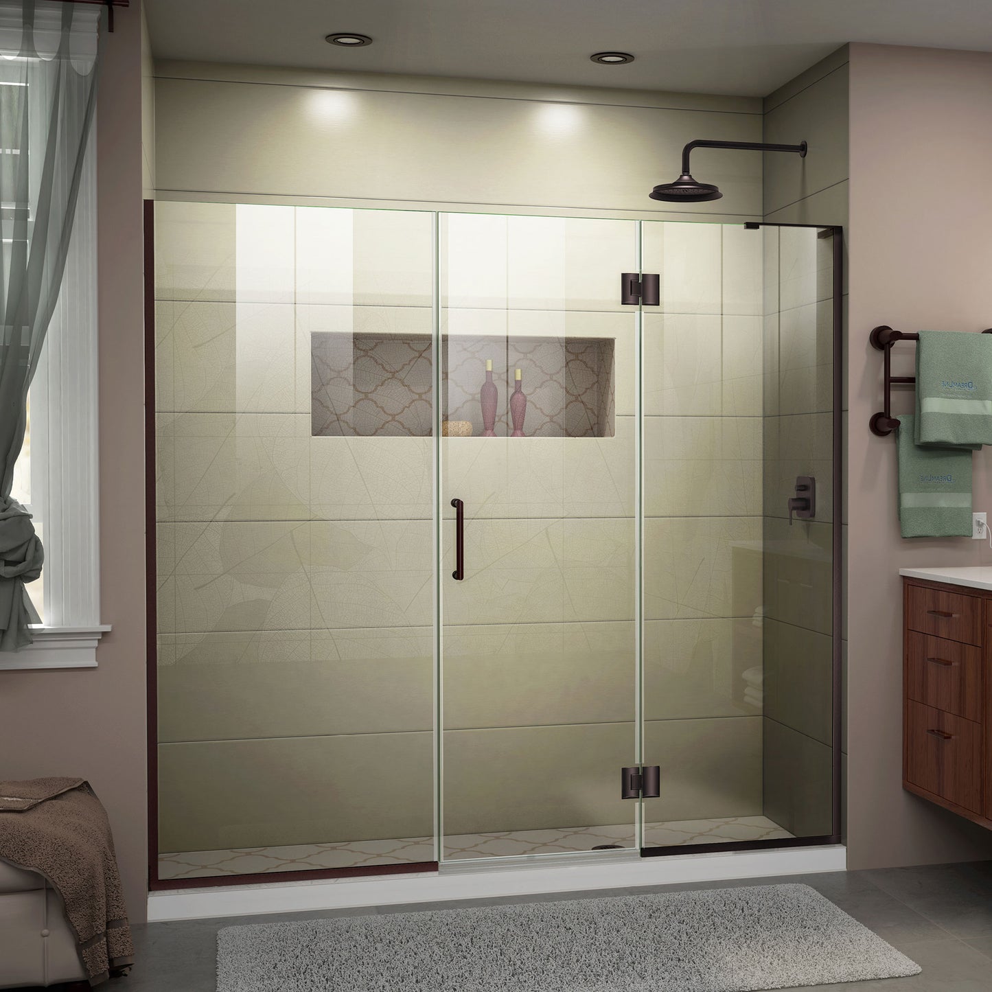 Unidoor-X 64-64 1/2 in. W x 72 in. H Frameless Hinged Shower Door in Oil Rubbed Bronze