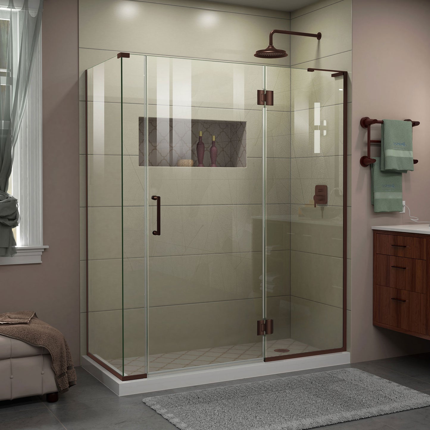 Unidoor-X 58 1/2 in. W x 34 3/8 in. D x 72 in. H Frameless Hinged Shower Enclosure in Oil Rubbed Bronze