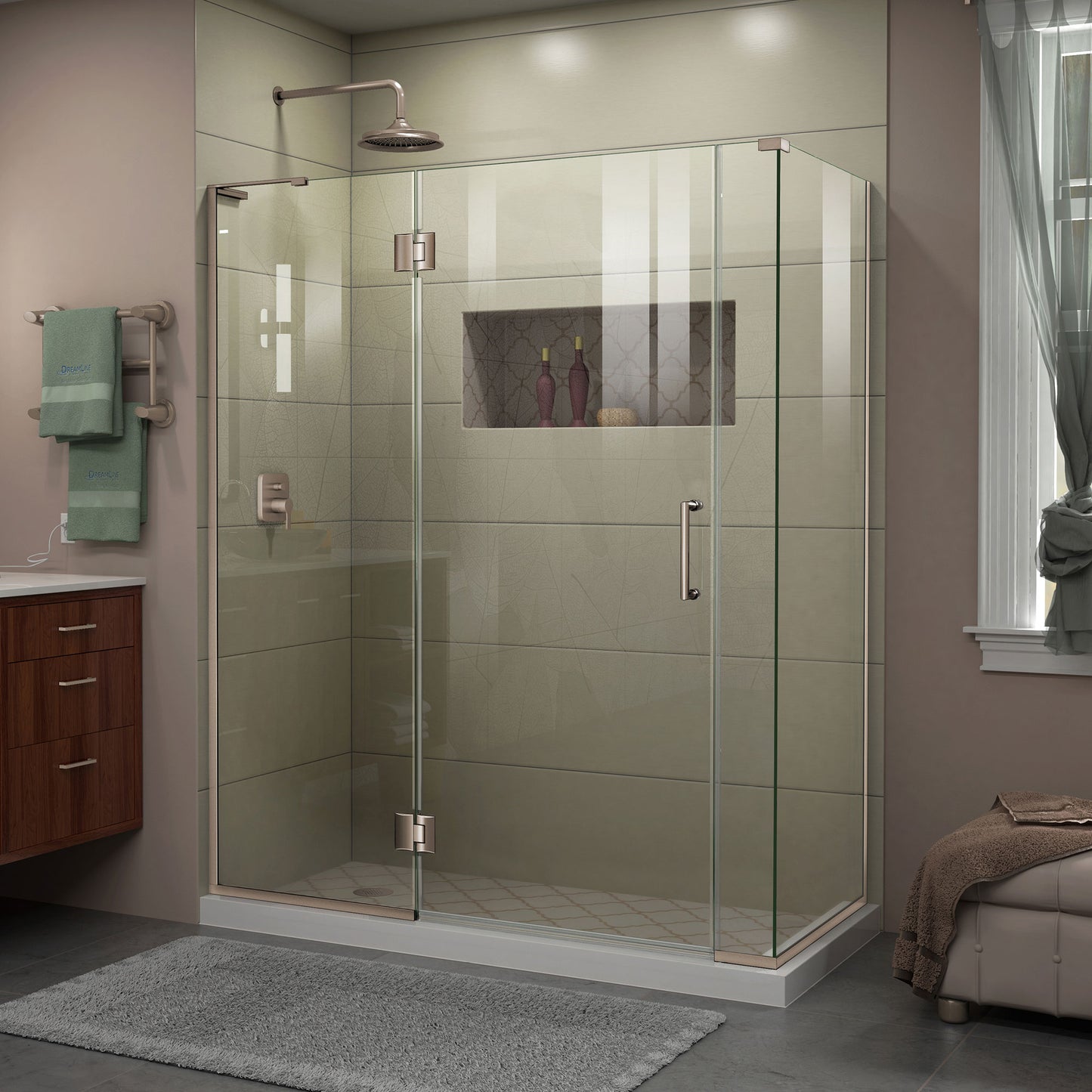 Unidoor-X 57 1/2 in. W x 34 3/8 in. D x 72 in. H Frameless Hinged Shower Enclosure in Brushed Nickel