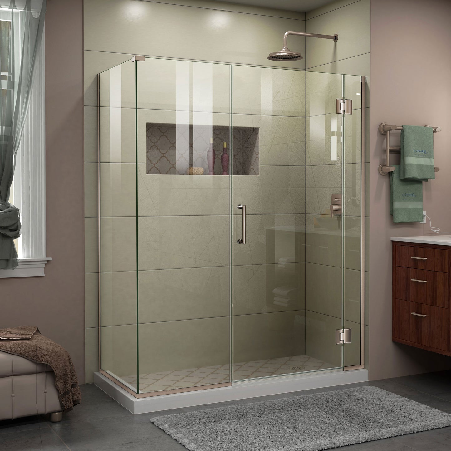 Unidoor-X 59 in. W x 34 3/8 in. D x 72 in. H Frameless Hinged Shower Enclosure in Brushed Nickel