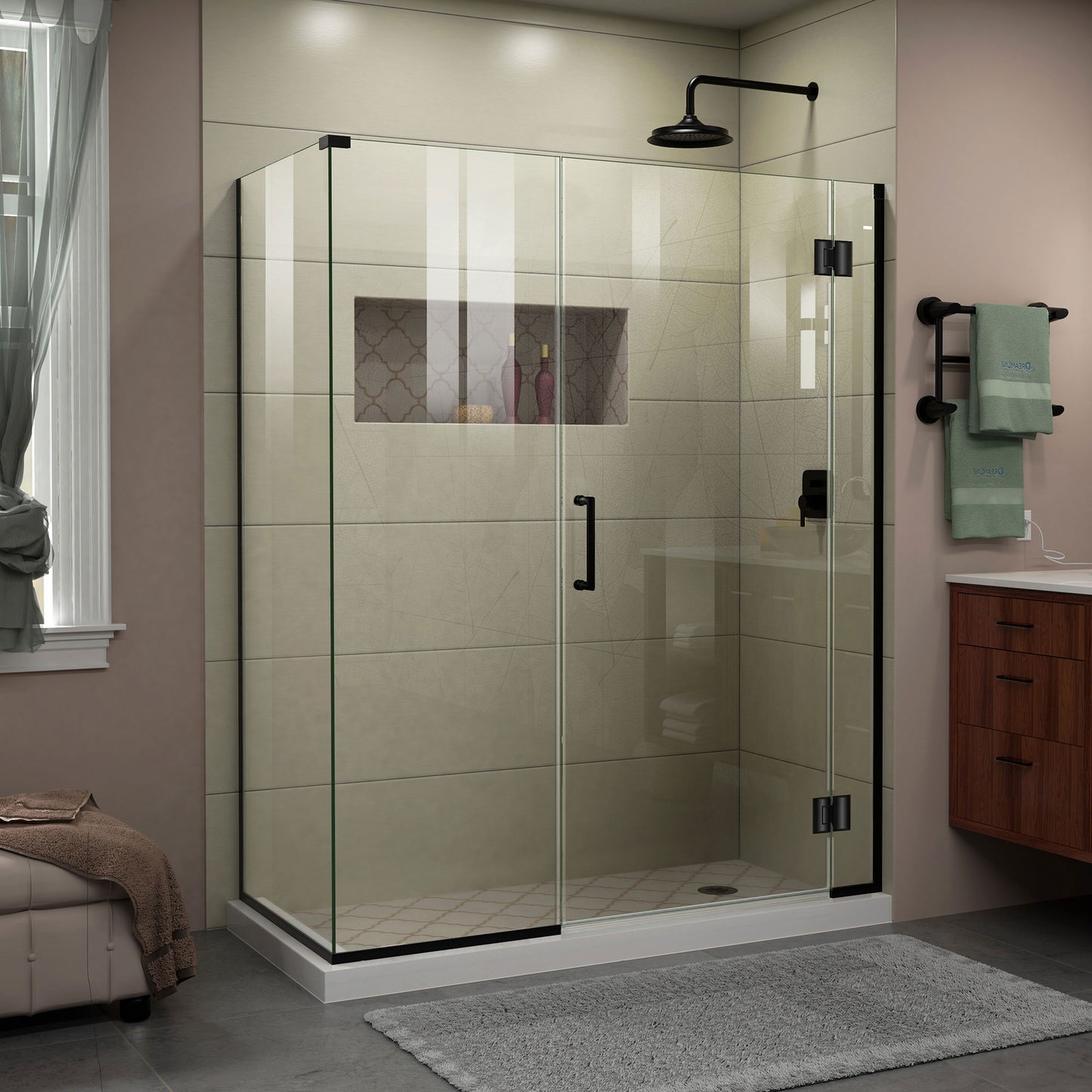 Unidoor-X 45 1/2 in. W x 34 3/8 in. D x 72 in. H Frameless Hinged Shower Enclosure in Satin Black