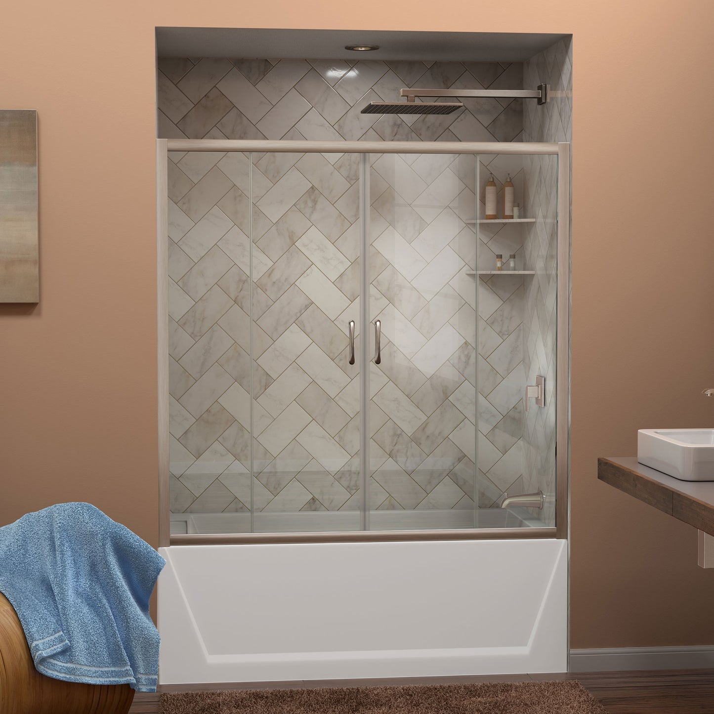 Visions 56-60 in. W x 58 in. H Semi-Frameless Sliding Tub Door in Brushed Nickel