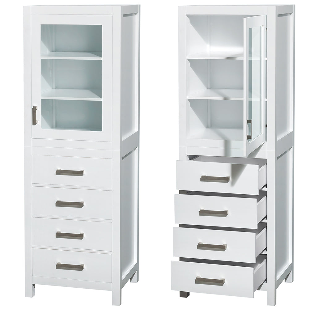 Sheffield 24" Linen Tower in White, Shelved Cabinet Storage, 4 Drawers
