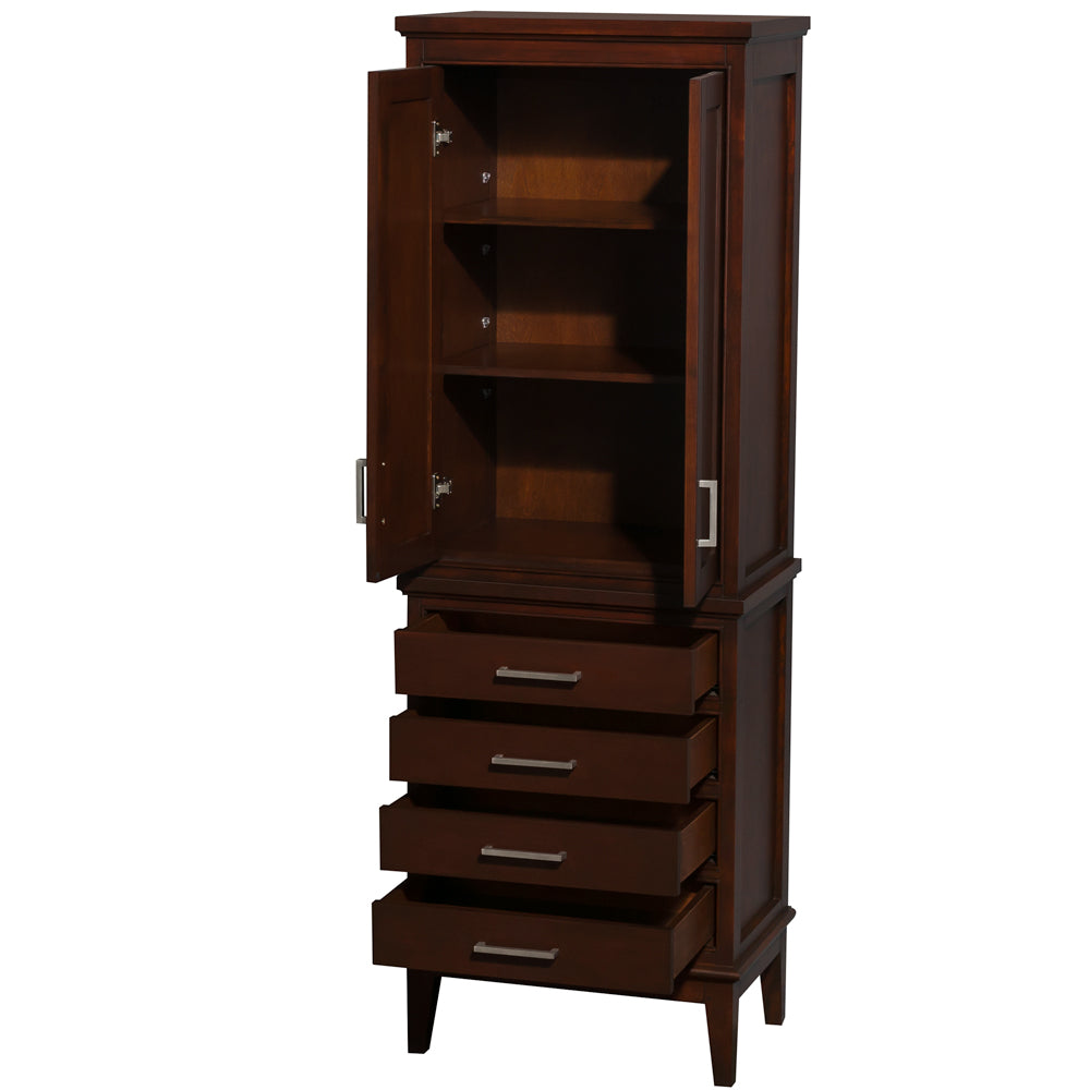 Hatton Bathroom Linen Tower in Dark Chestnut, Shelved Cabinet Storage, 4 Drawers