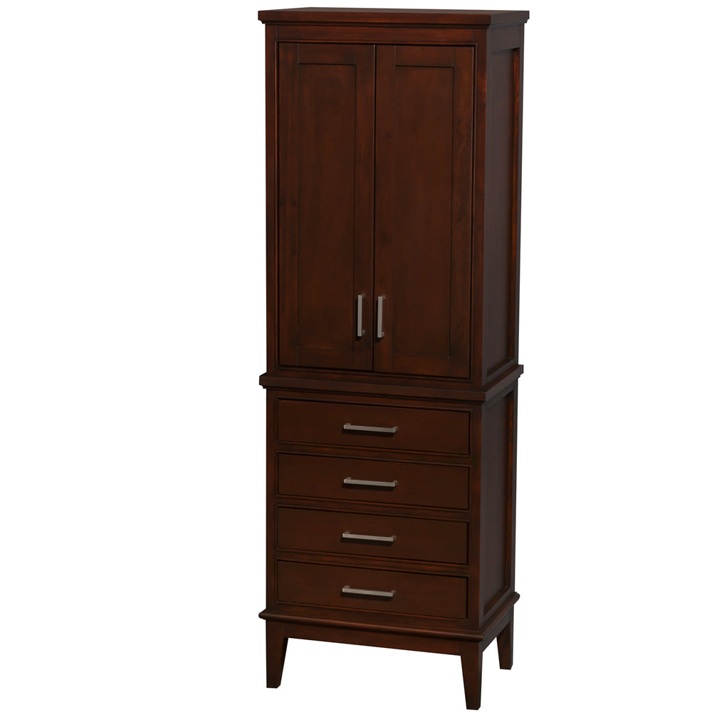 Hatton Bathroom Linen Tower in Dark Chestnut, Shelved Cabinet Storage, 4 Drawers