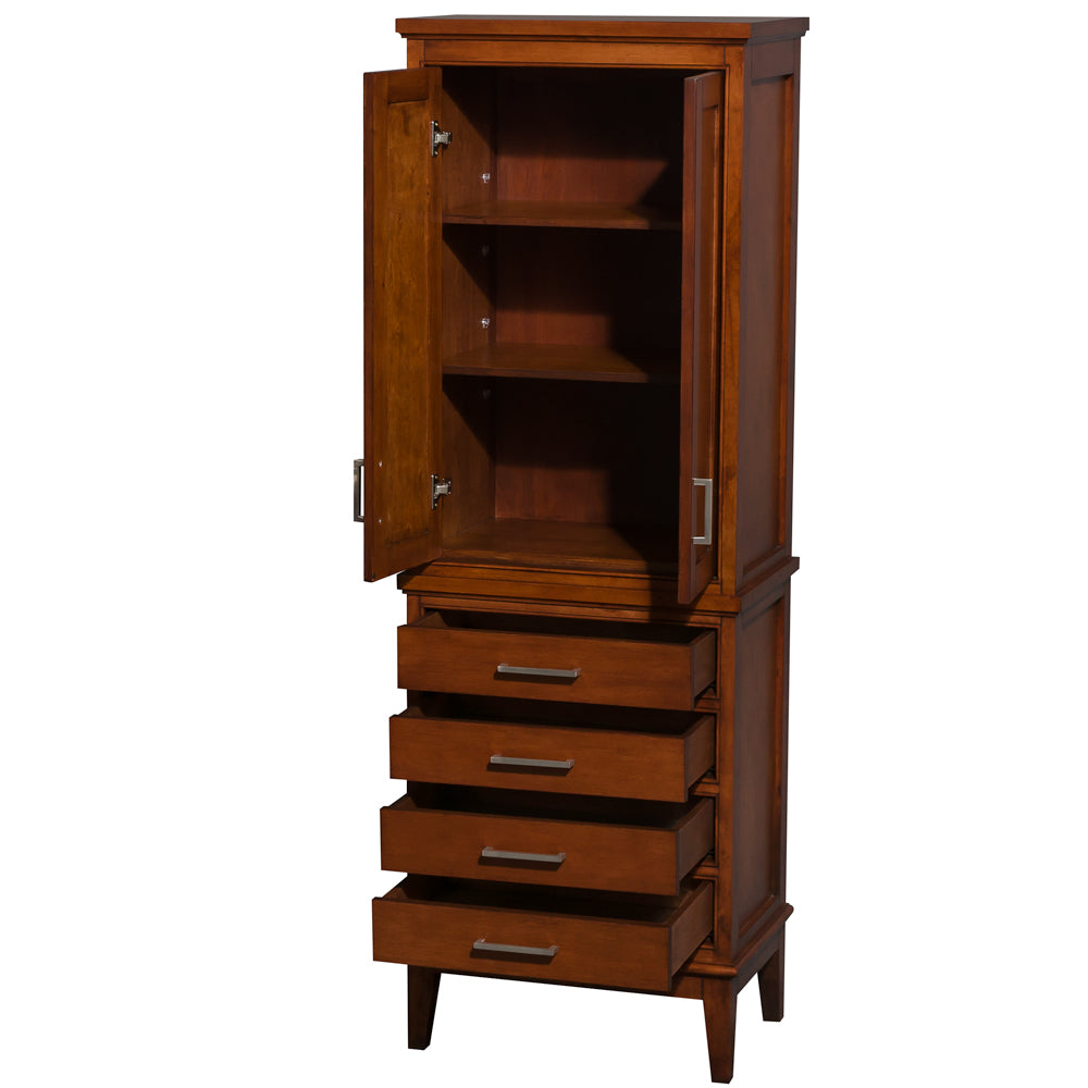 Hatton Bathroom Tower in Light Chestnut, Shelved Cabinet Storage, 4 Drawers