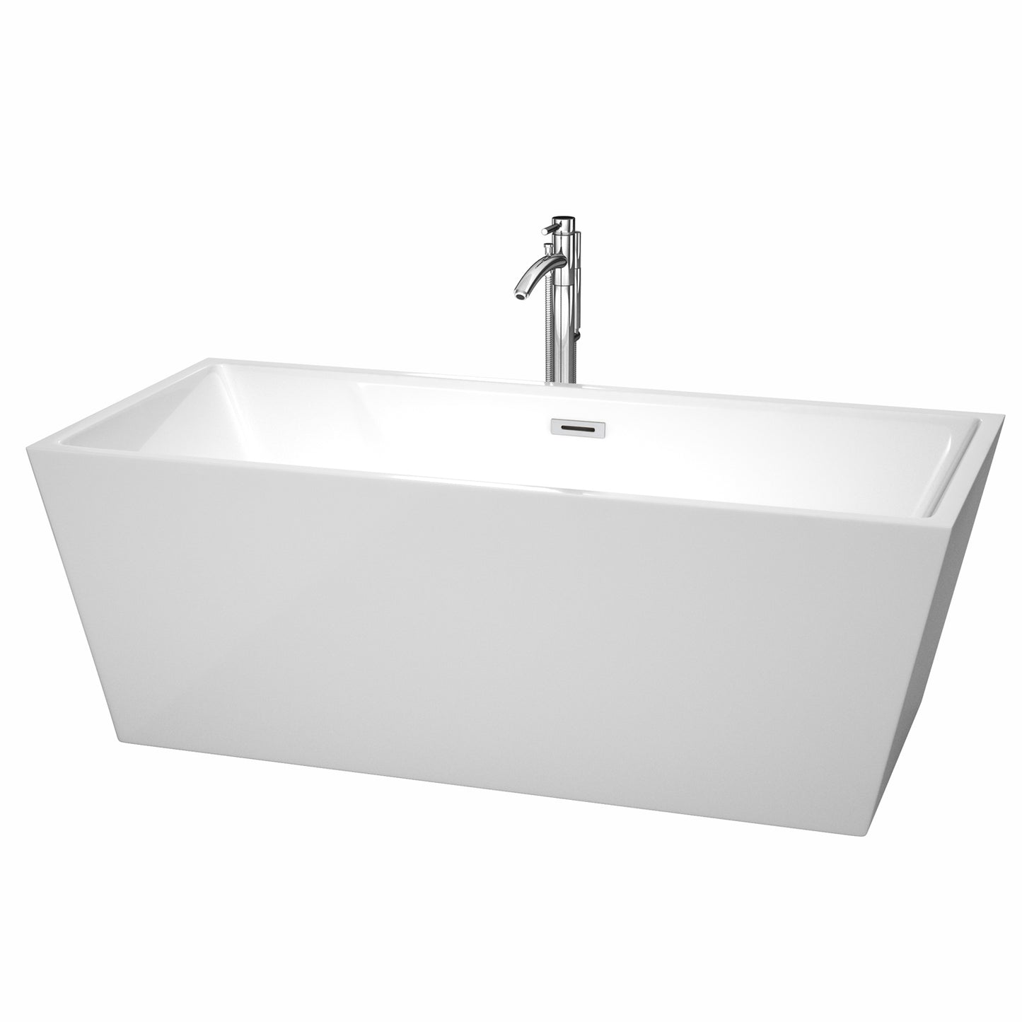 Sara 67 inch Freestanding Bathtub in White with Floor Mounted Faucet, Drain and Overflow Trim in Polished Chrome