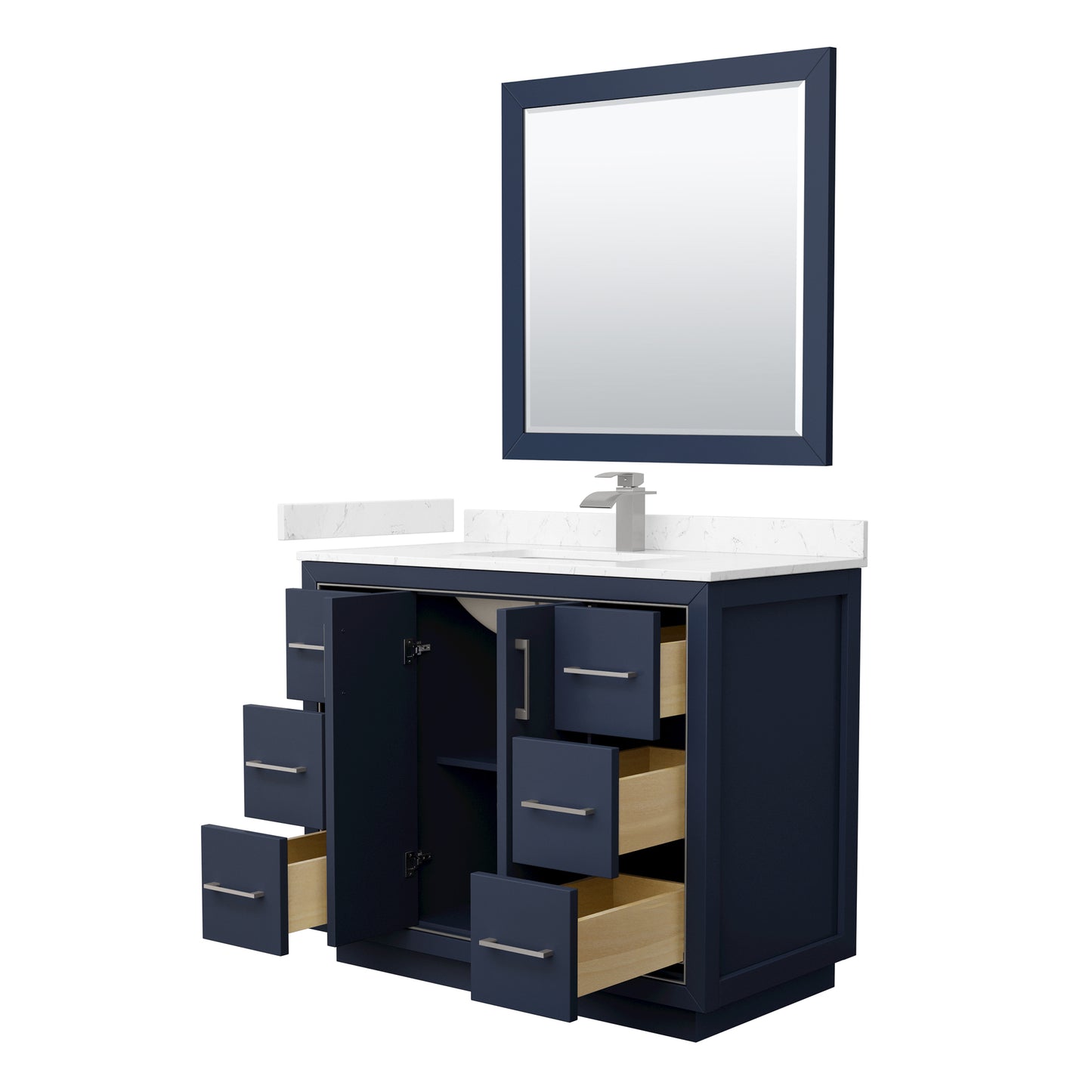 Icon 42" Single Vanity in Dark Blue, Carrara Marble Top, Nickel Trim, 34" Mirror