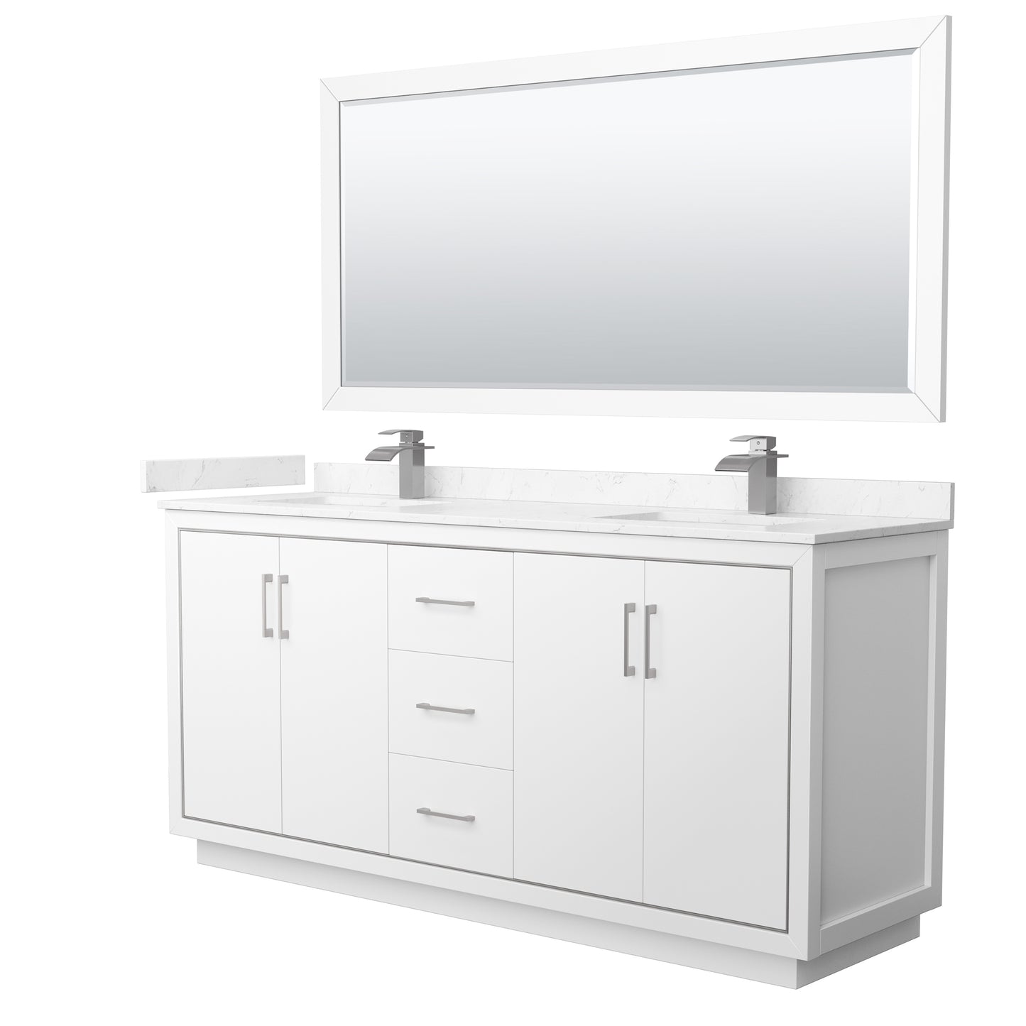 Icon 72" Double Vanity in White, Carrara Marble Top, Nickel Trim, 70" Mirror