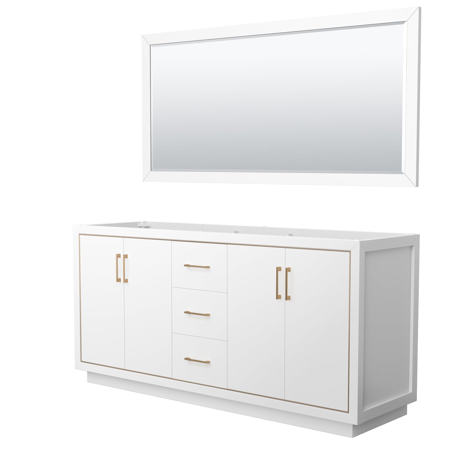 Icon 72" Double Vanity in White, No Top, No Sink, Satin Bronze Trim, 70" Mirror