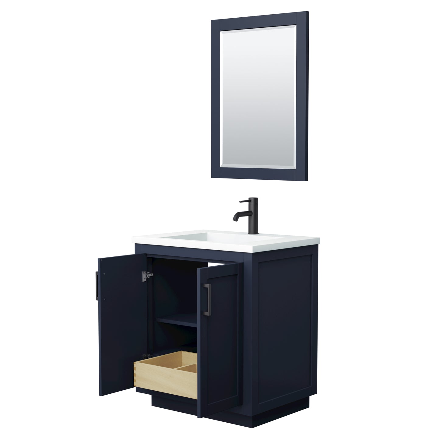 Miranda 30" Dark Blue Single Vanity, 1.25" White Top, Black Trim, 24" Mirror