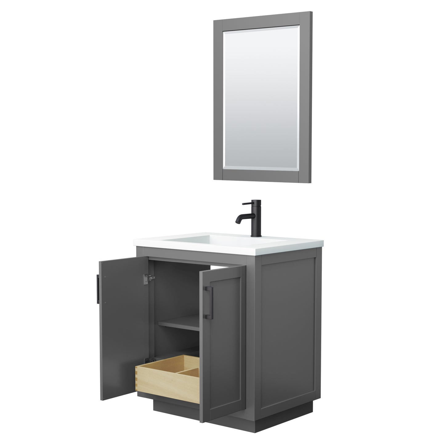 Miranda 30" Dark Gray Single Vanity, 1.25" White Top, Black Trim, 24" Mirror